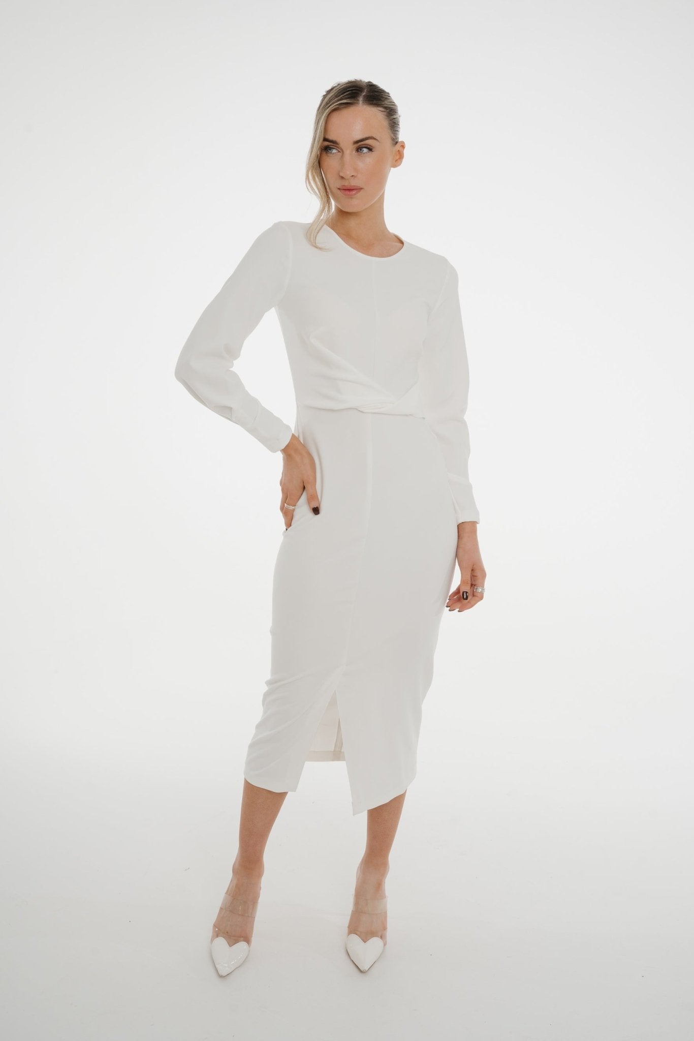 Celine Pencil Drape Midi Dress In Ivory - The Walk in Wardrobe