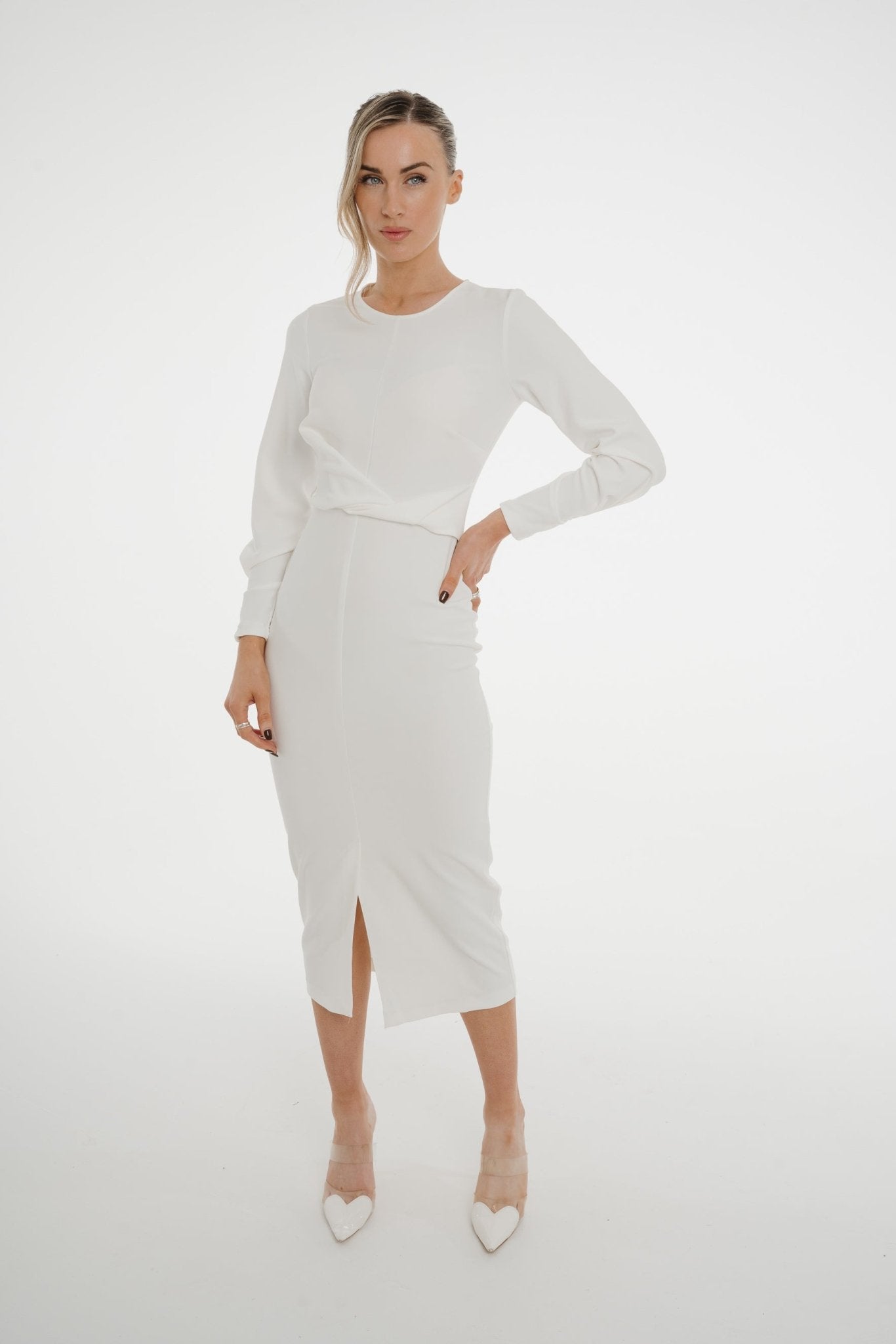 Celine Pencil Drape Midi Dress In Ivory - The Walk in Wardrobe