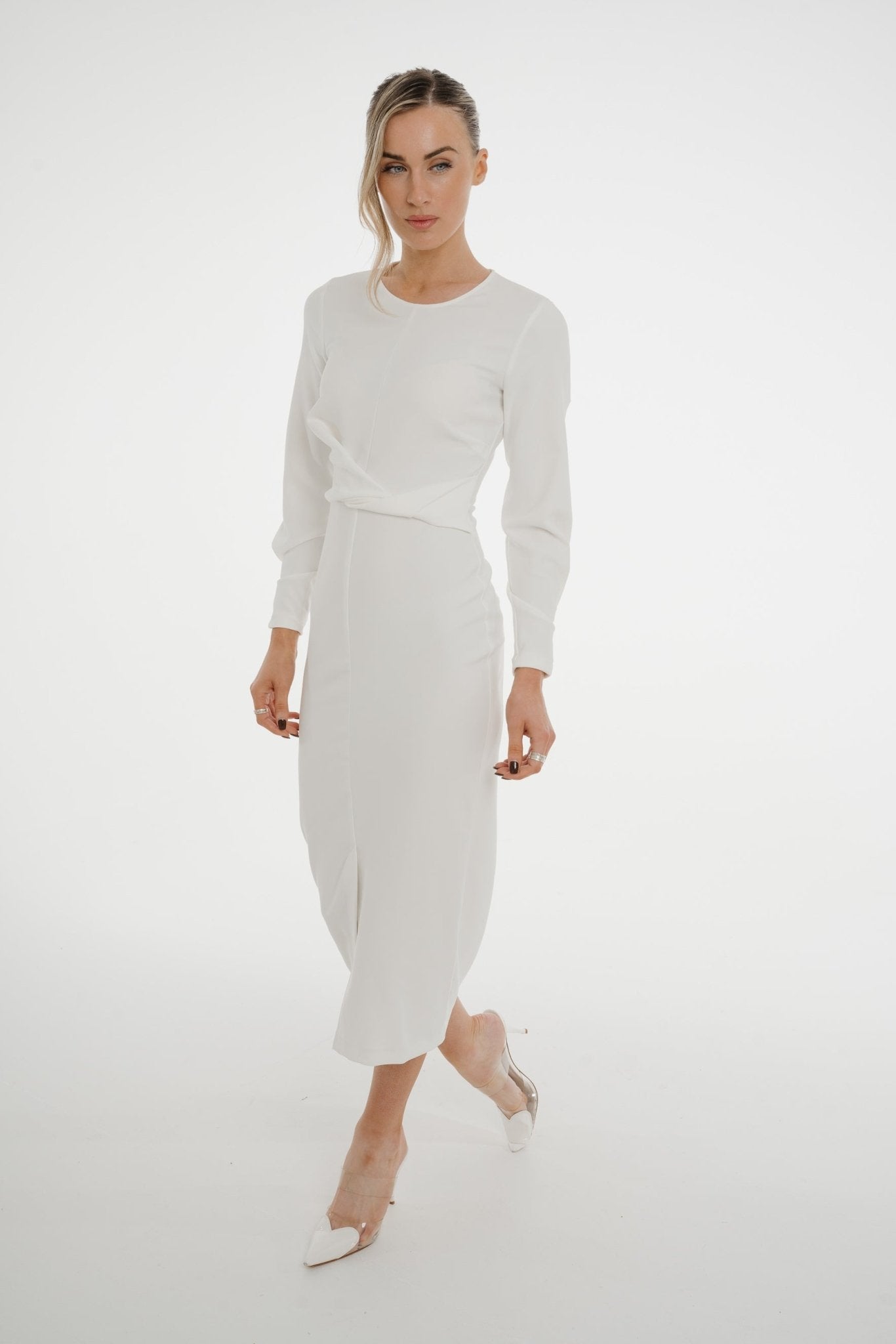 Celine Pencil Drape Midi Dress In Ivory - The Walk in Wardrobe