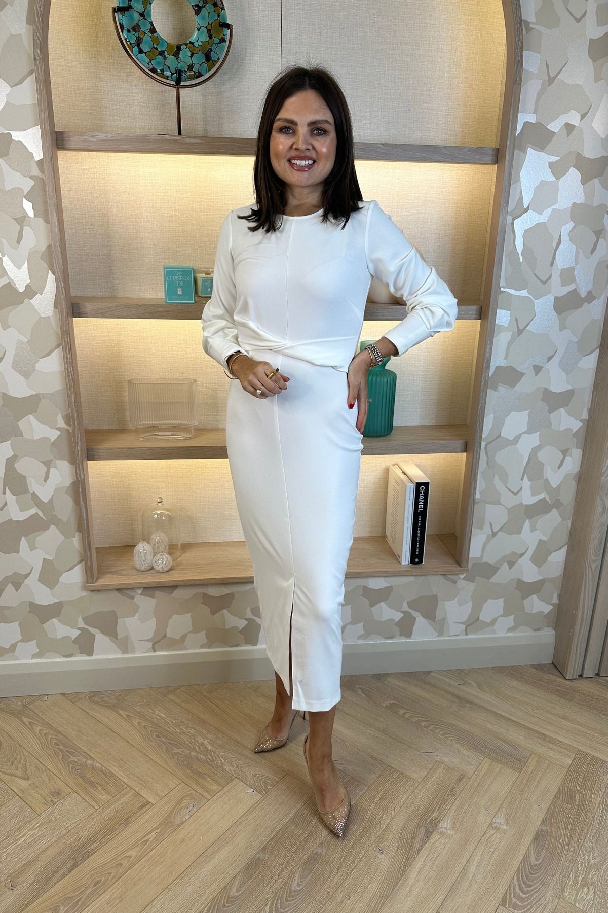 Celine Pencil Drape Midi Dress In Ivory - The Walk in Wardrobe