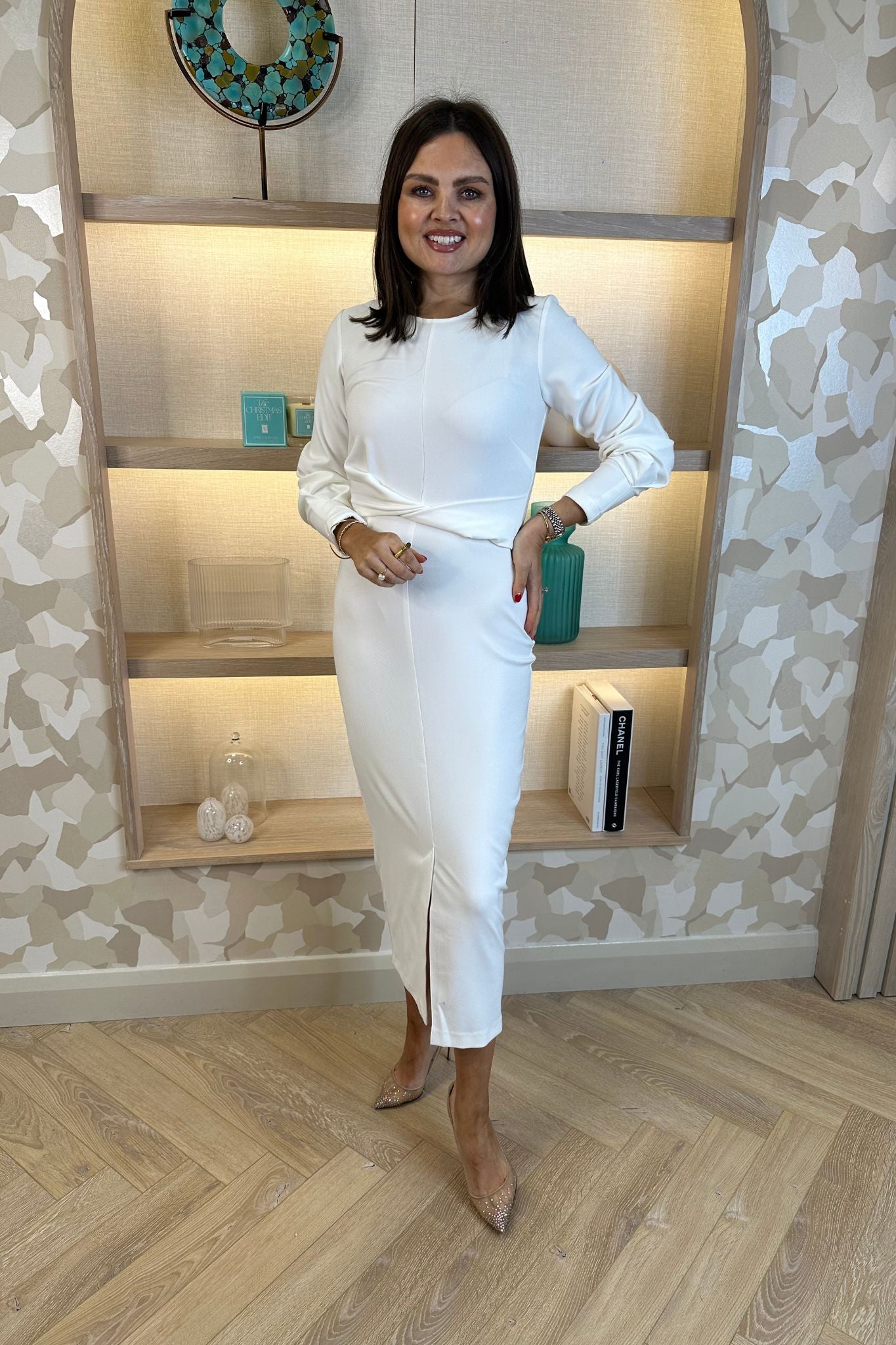 Celine Pencil Drape Midi Dress In Ivory - The Walk in Wardrobe