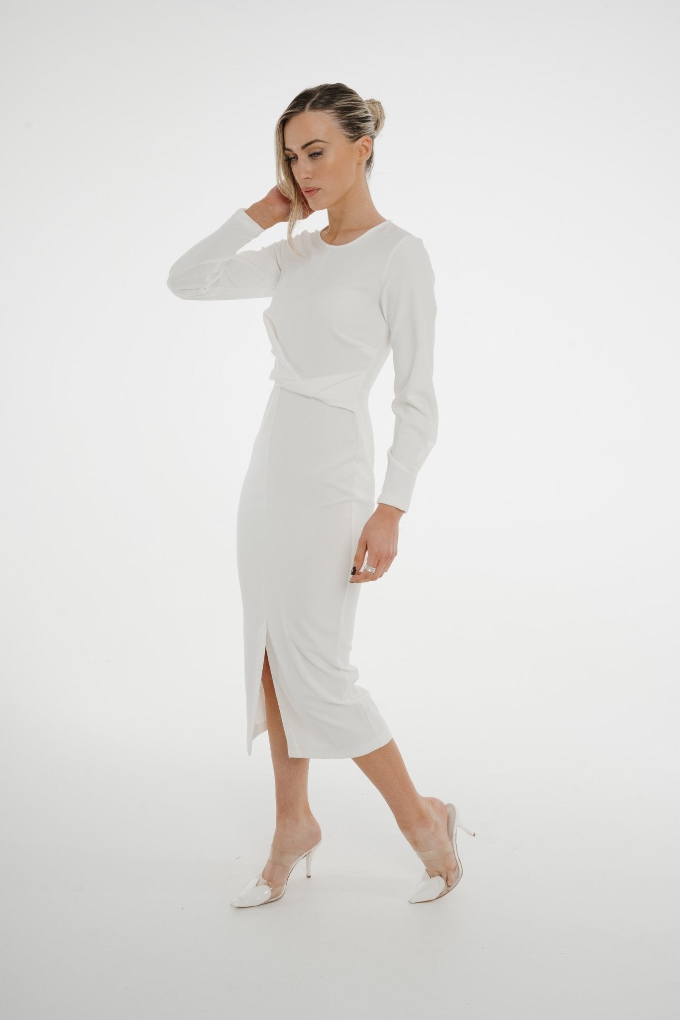 Celine Pencil Drape Midi Dress In Ivory - The Walk in Wardrobe