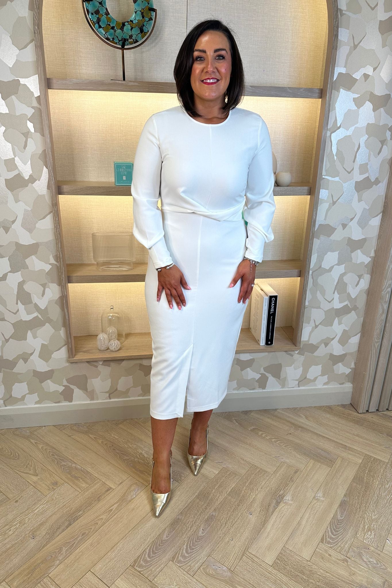 Celine Pencil Drape Midi Dress In Ivory - The Walk in Wardrobe