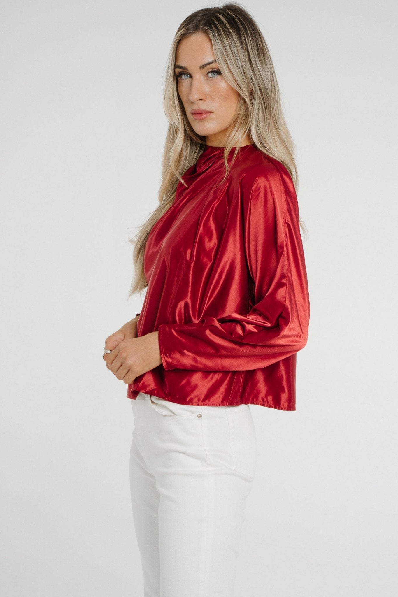 Daisy Drape Satin Top In Red - The Walk in Wardrobe