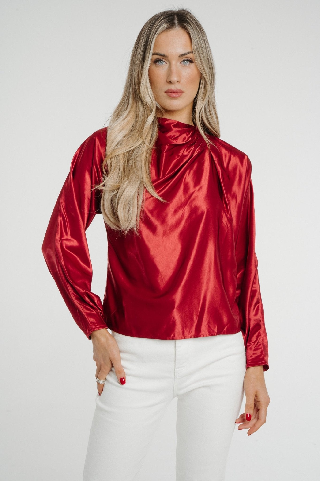 Daisy Drape Satin Top In Red - The Walk in Wardrobe