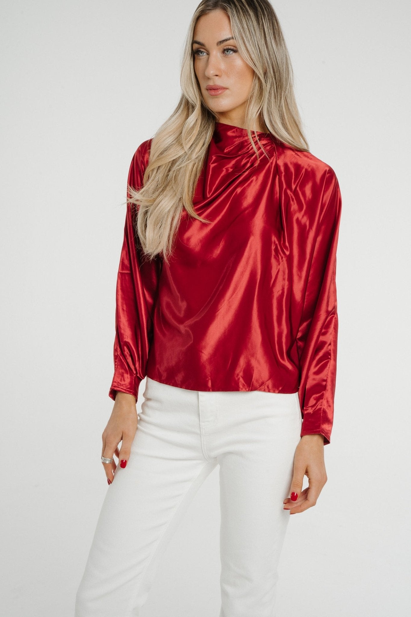 Daisy Drape Satin Top In Red - The Walk in Wardrobe