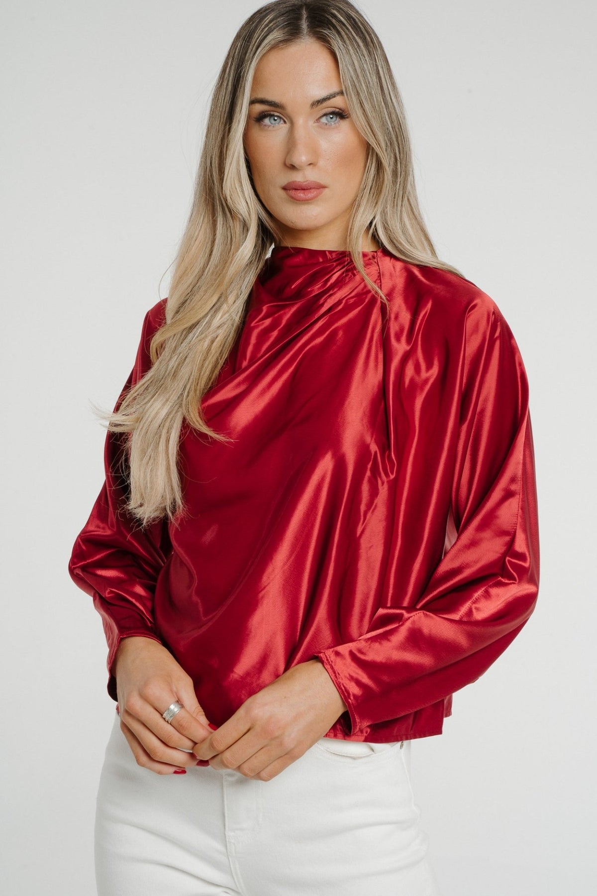 Daisy Drape Satin Top In Red - The Walk in Wardrobe