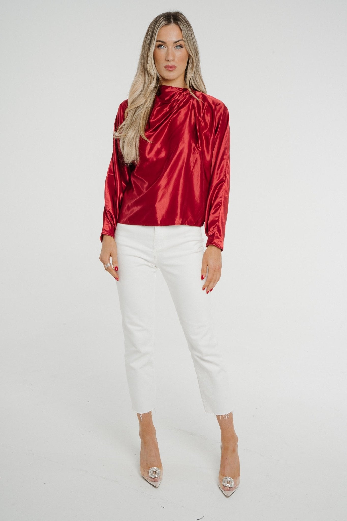 Daisy Drape Satin Top In Red - The Walk in Wardrobe