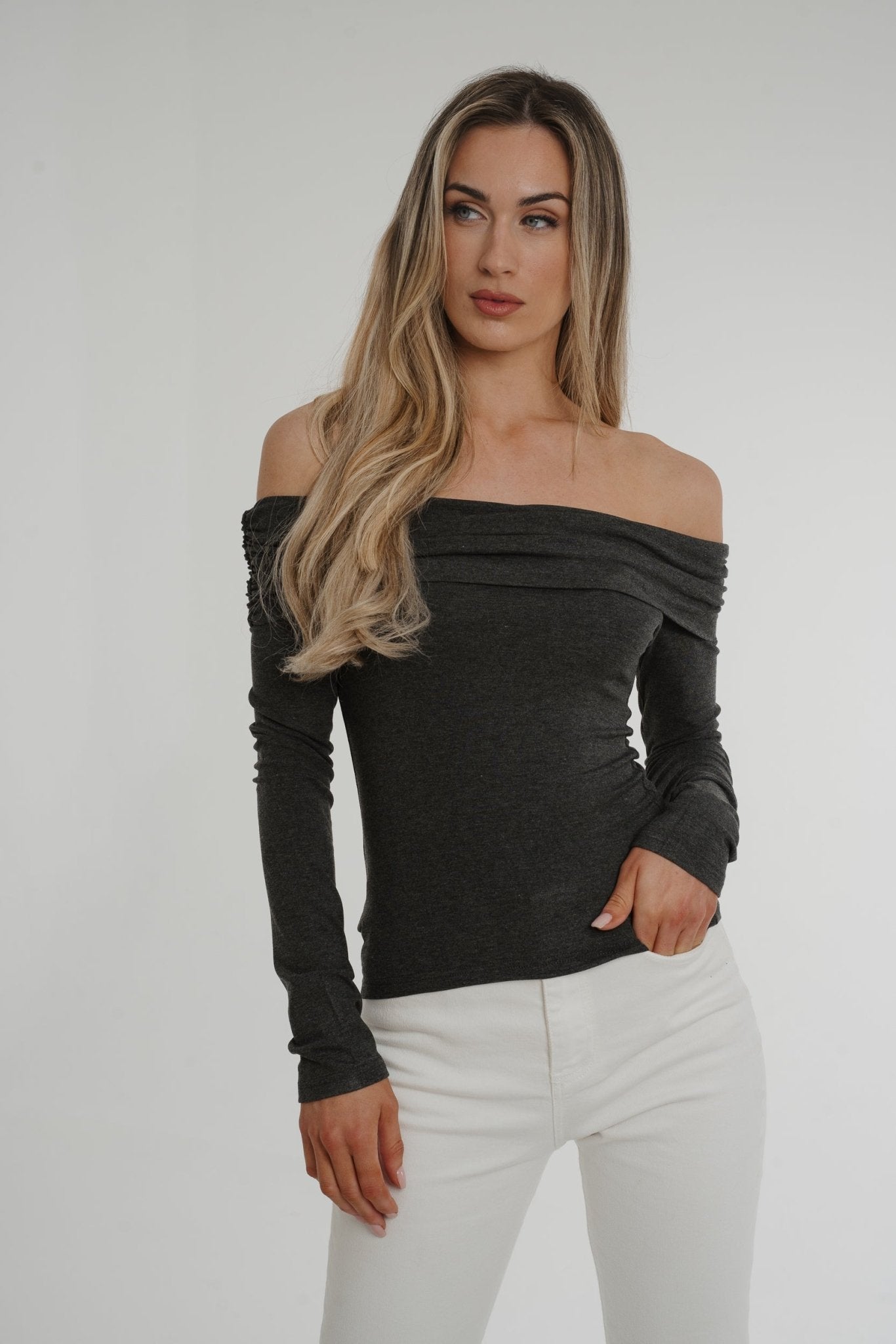 Elsa Bardot Top In Grey - The Walk in Wardrobe