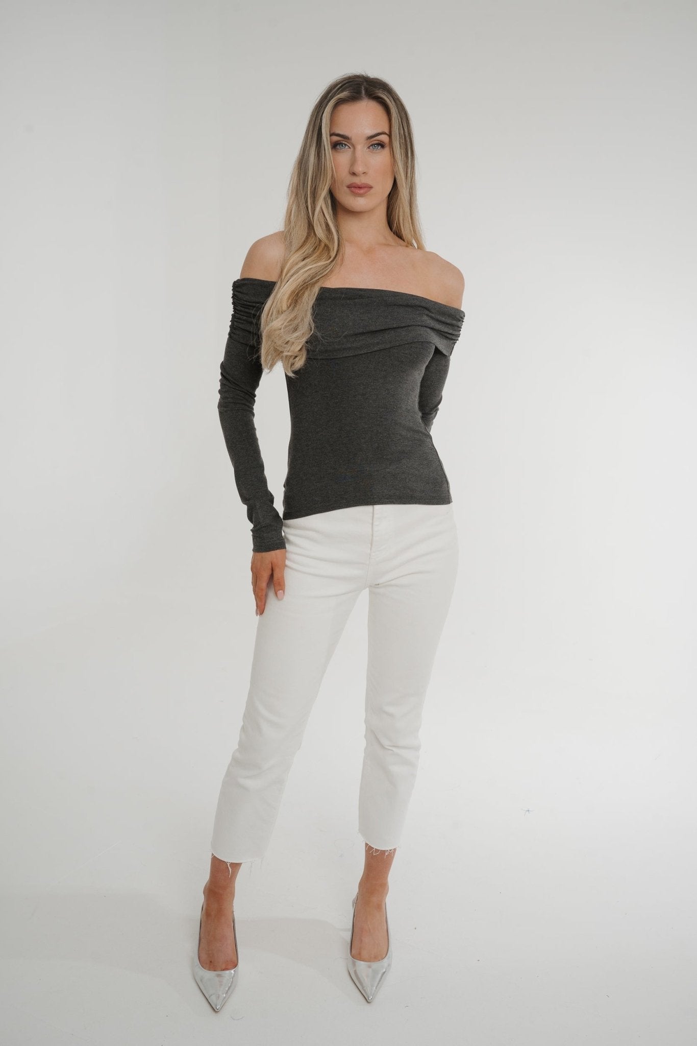 Elsa Bardot Top In Grey - The Walk in Wardrobe