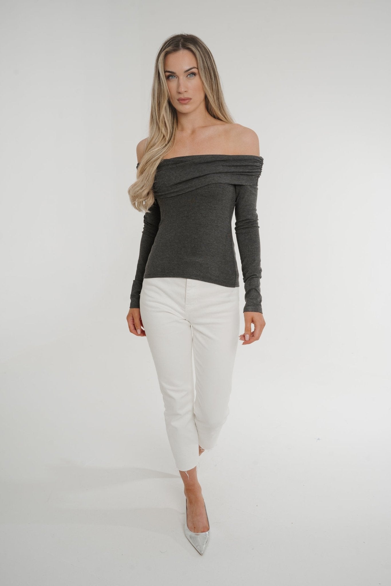 Elsa Bardot Top In Grey - The Walk in Wardrobe