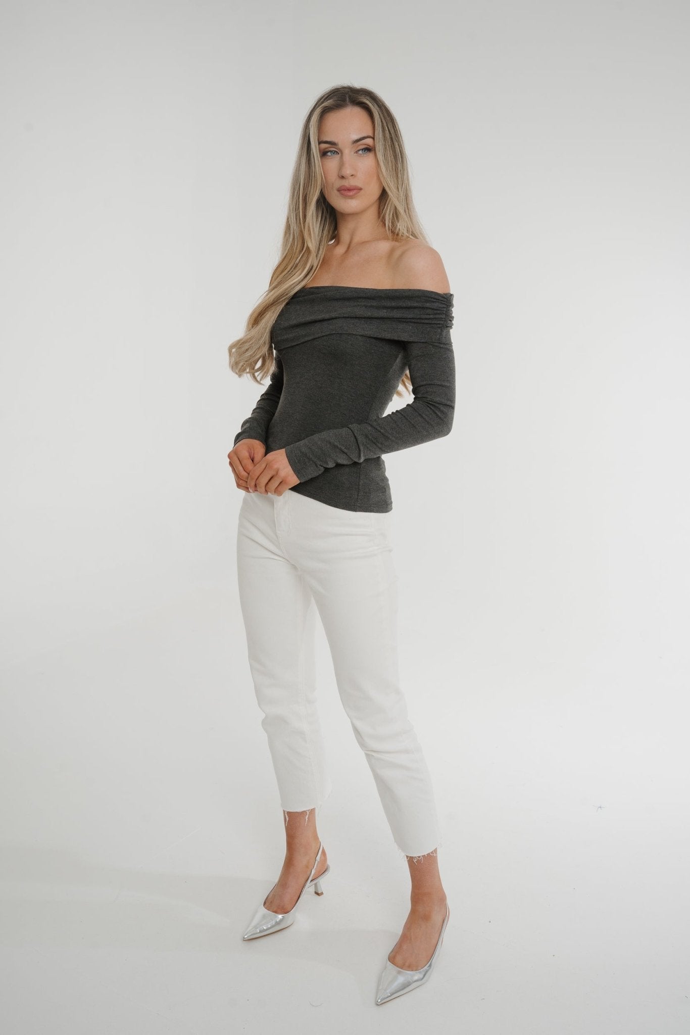 Elsa Bardot Top In Grey - The Walk in Wardrobe