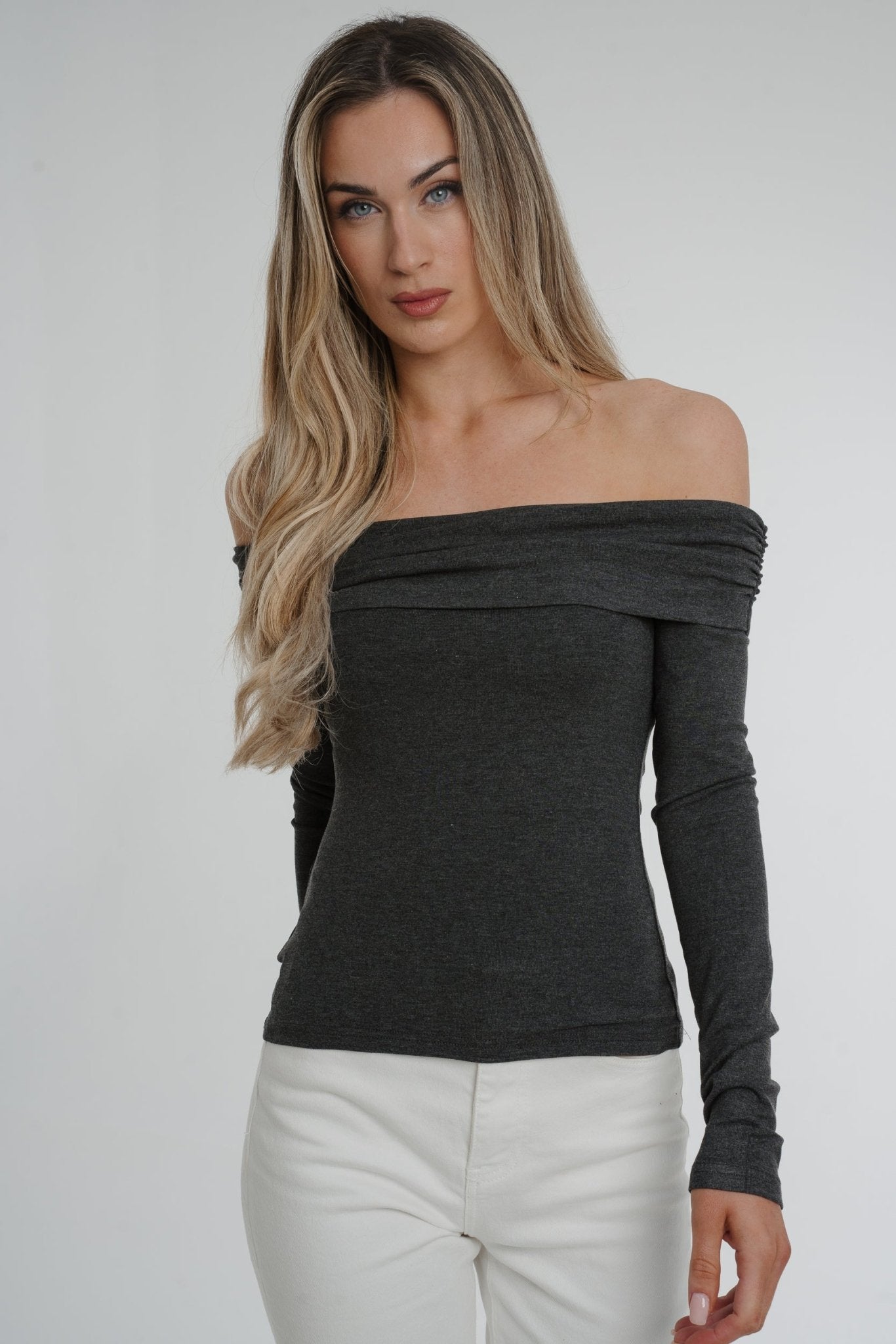 Elsa Bardot Top In Grey - The Walk in Wardrobe