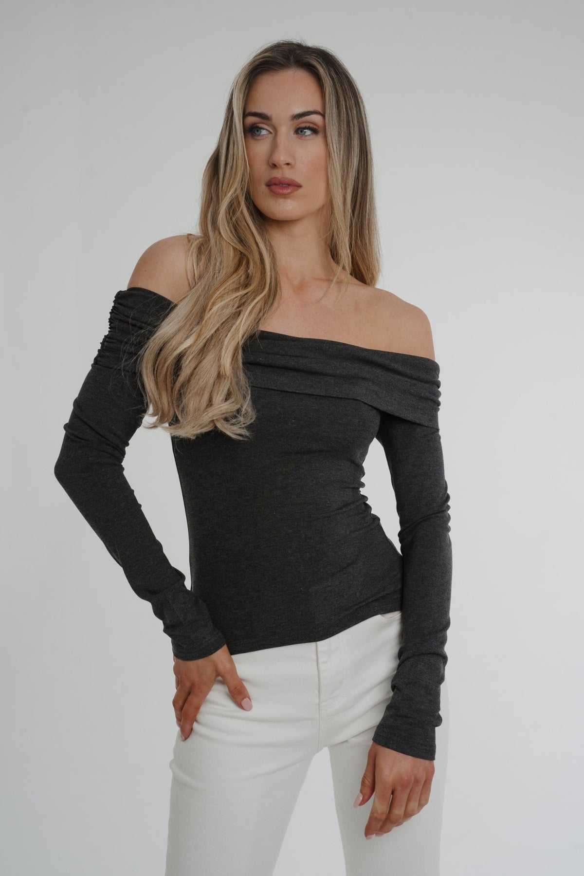 Elsa Bardot Top In Grey - The Walk in Wardrobe