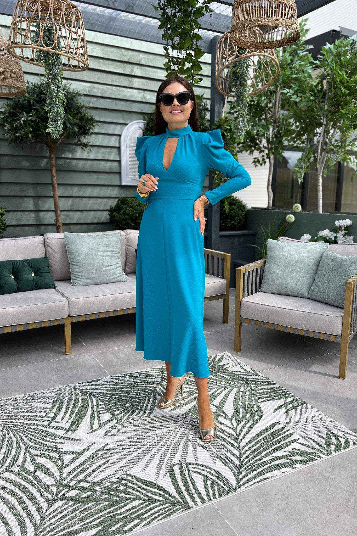 Eva High Neck Cut Out Dress In Teal Print - The Walk in Wardrobe