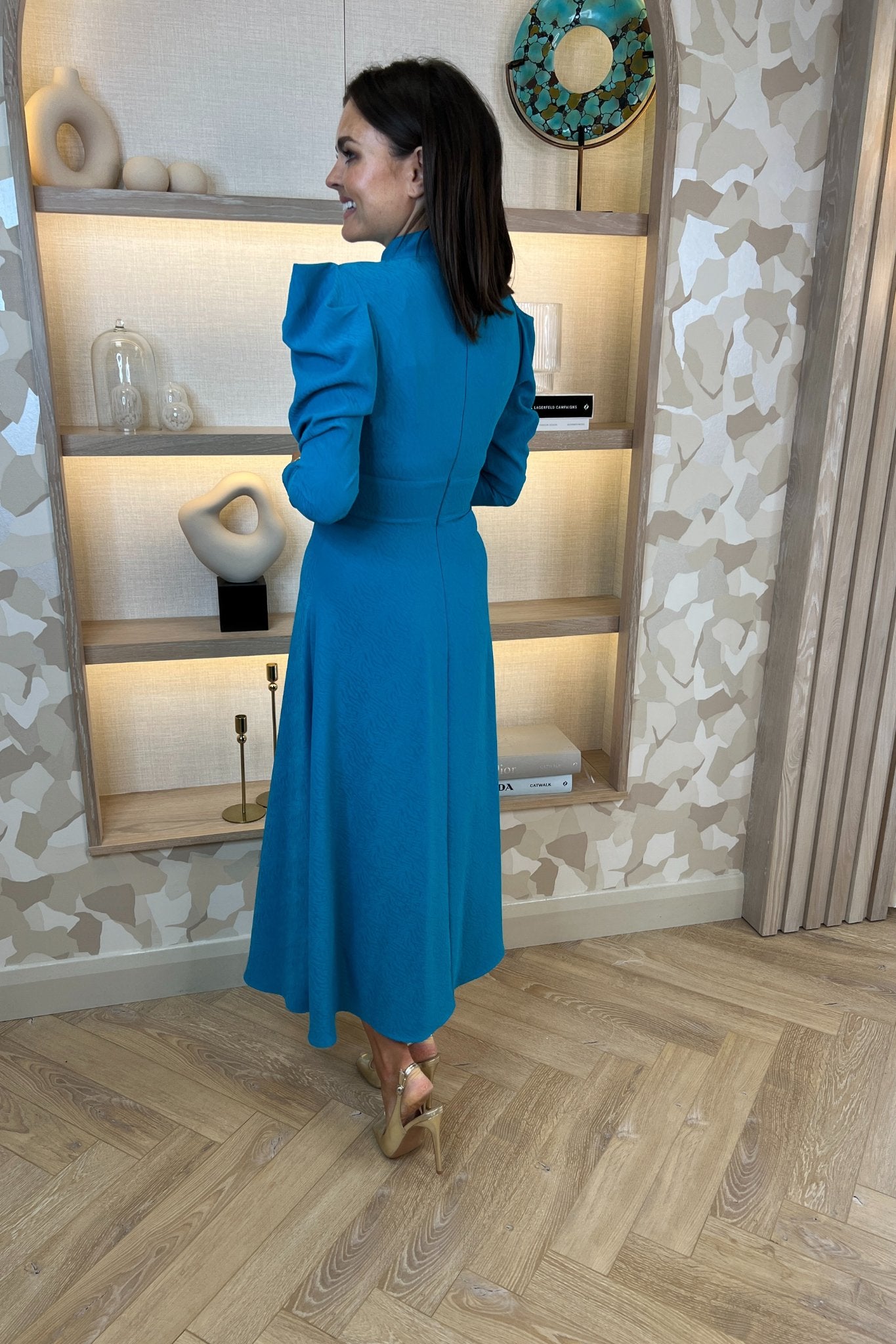 Eva High Neck Cut Out Dress In Teal Print - The Walk in Wardrobe