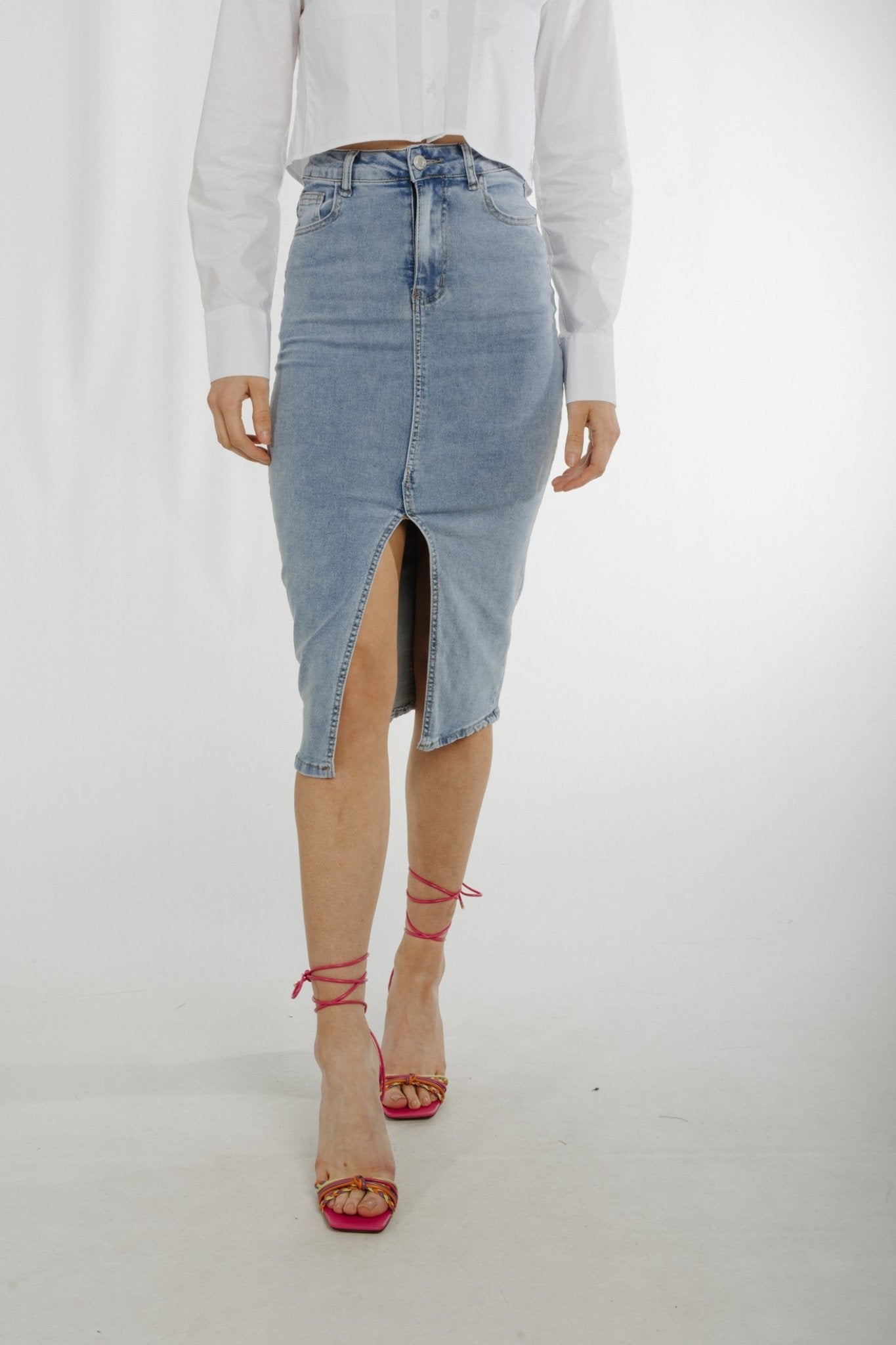Flynn Denim Midi Skirt In Light Wash - The Walk in Wardrobe
