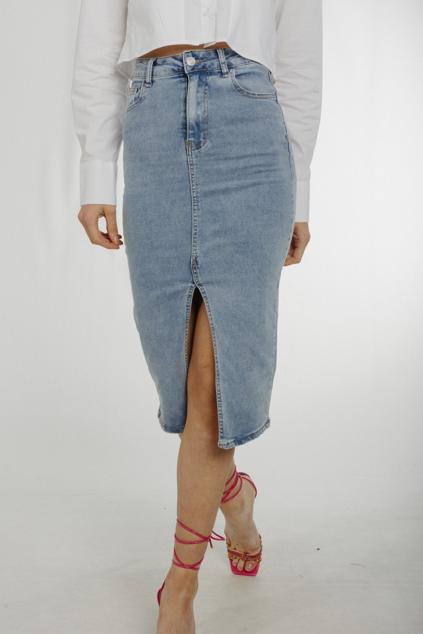 Flynn Denim Midi Skirt In Light Wash - The Walk in Wardrobe