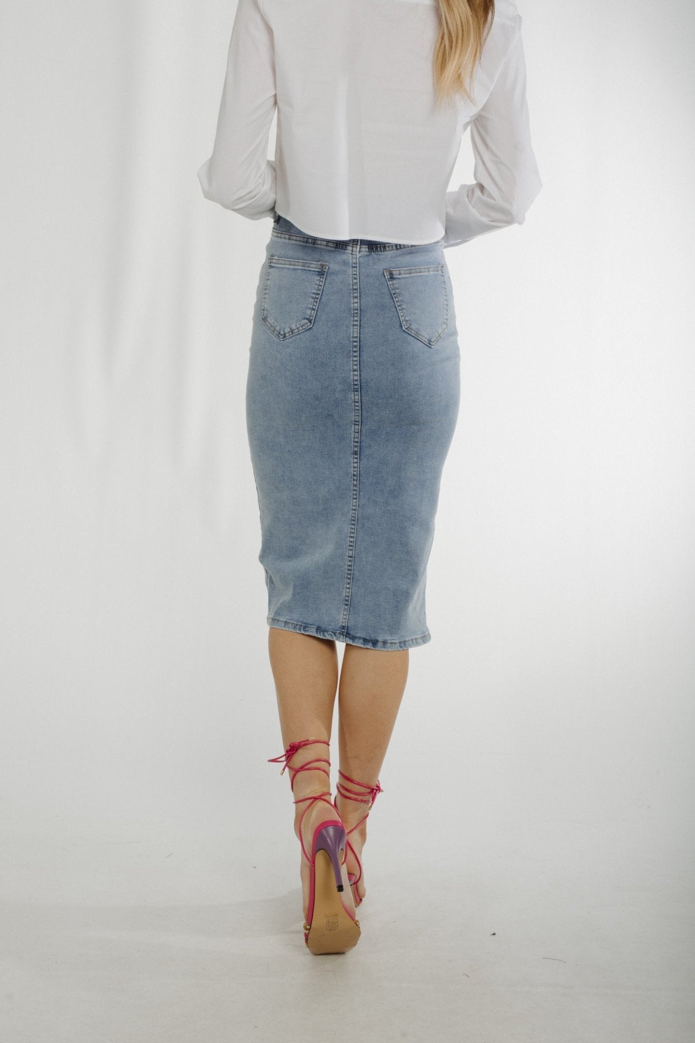 Flynn Denim Midi Skirt In Light Wash - The Walk in Wardrobe