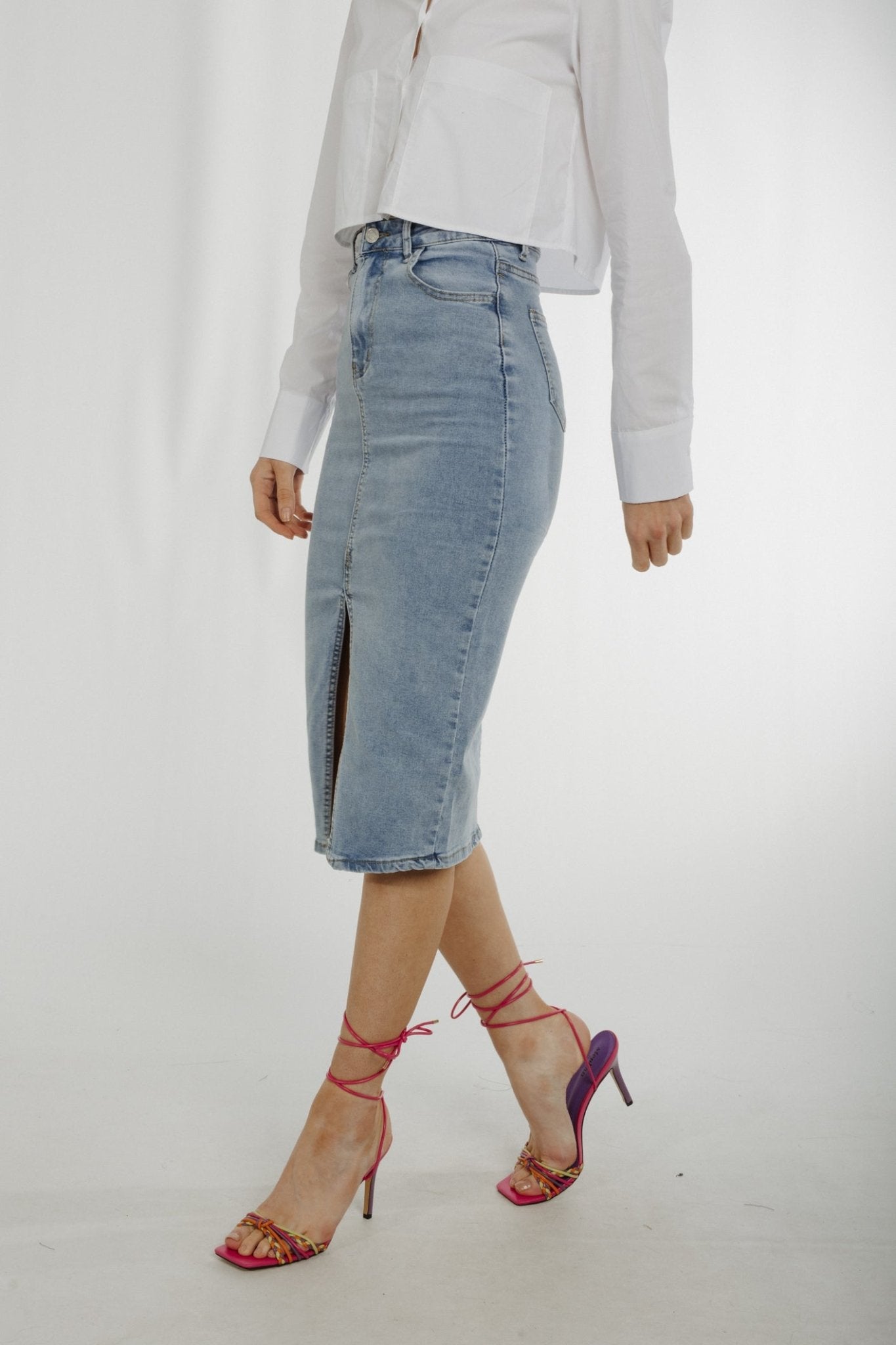 Flynn Denim Midi Skirt In Light Wash - The Walk in Wardrobe