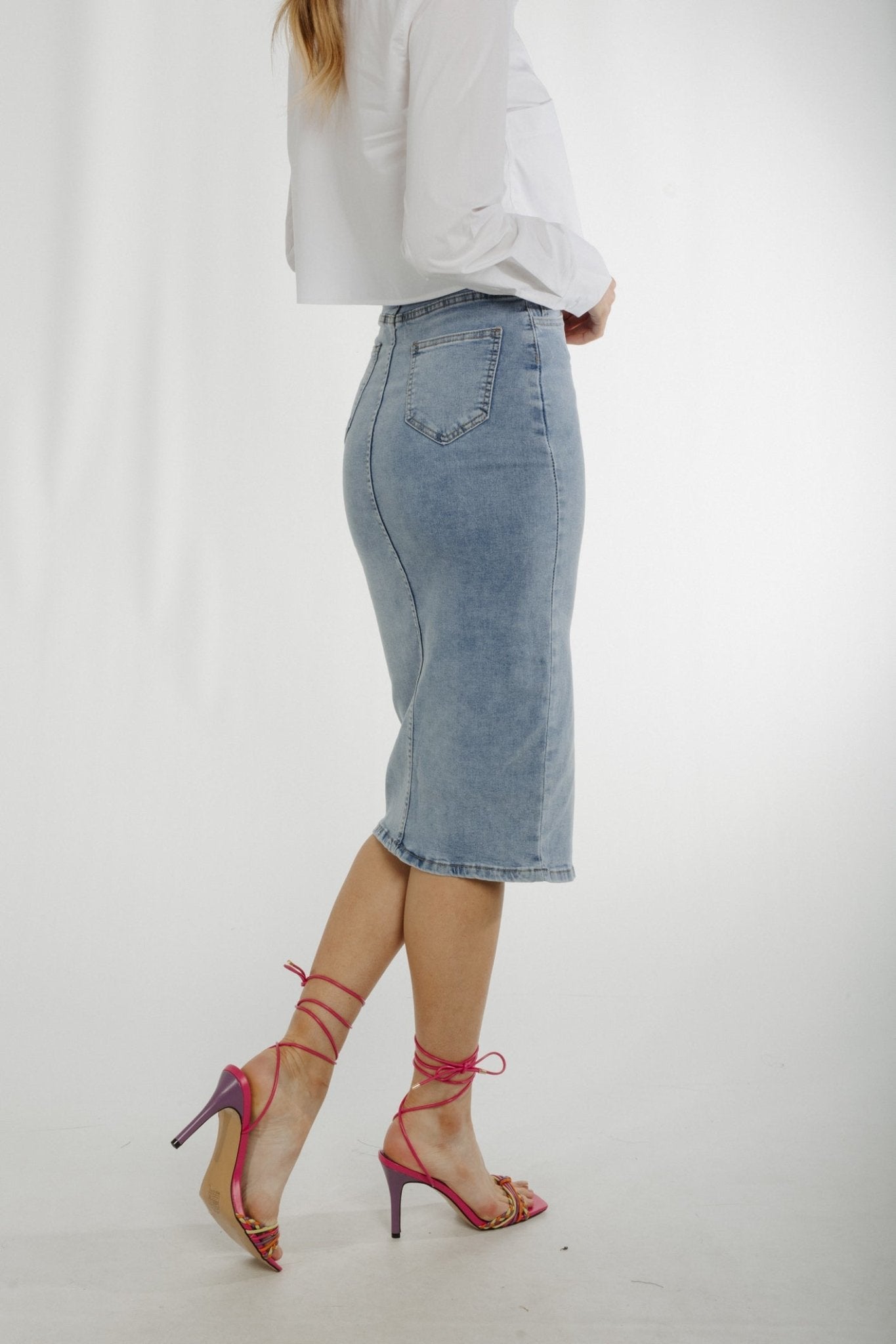 Flynn Denim Midi Skirt In Light Wash - The Walk in Wardrobe
