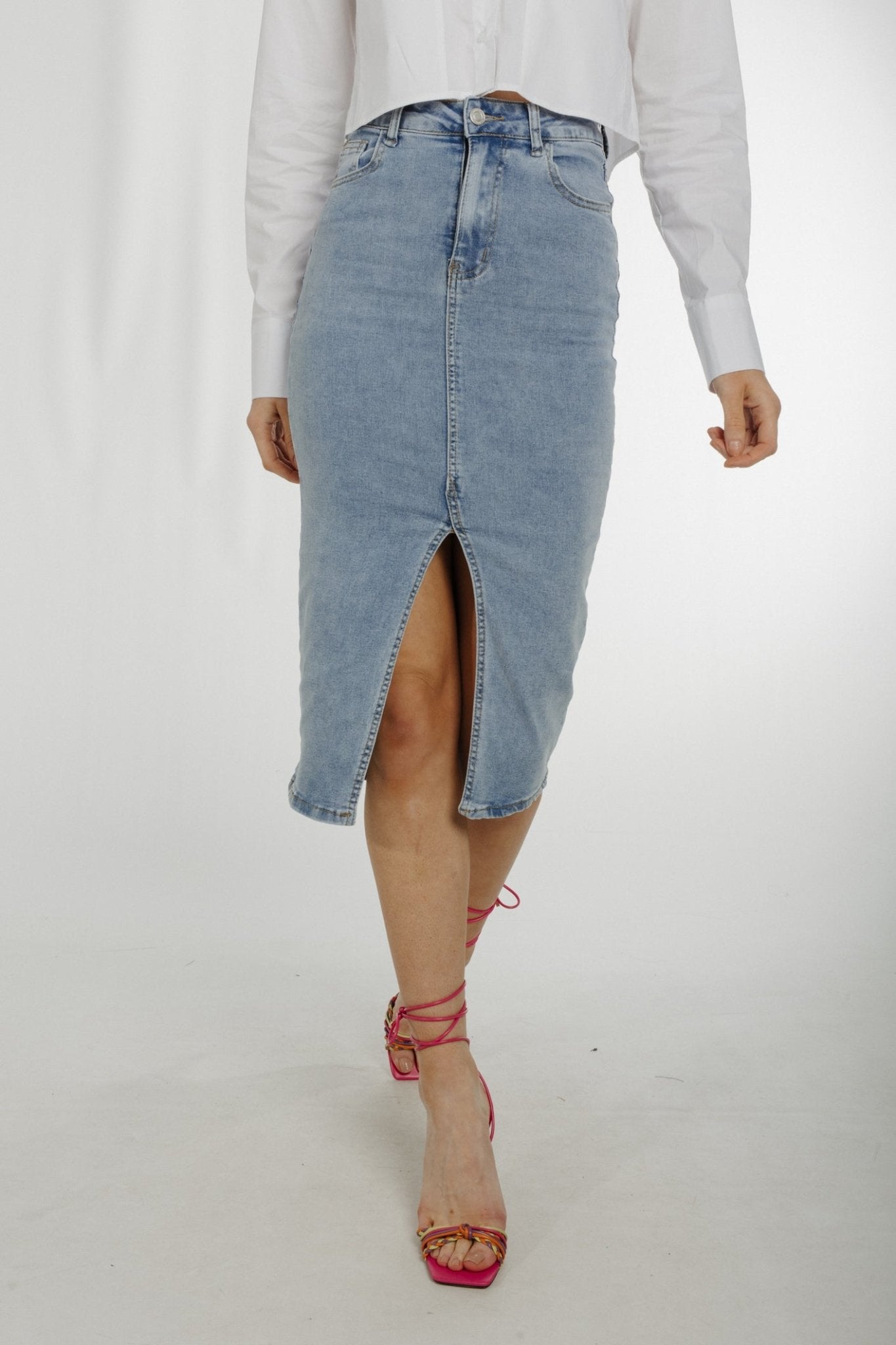 Flynn Denim Midi Skirt In Light Wash - The Walk in Wardrobe