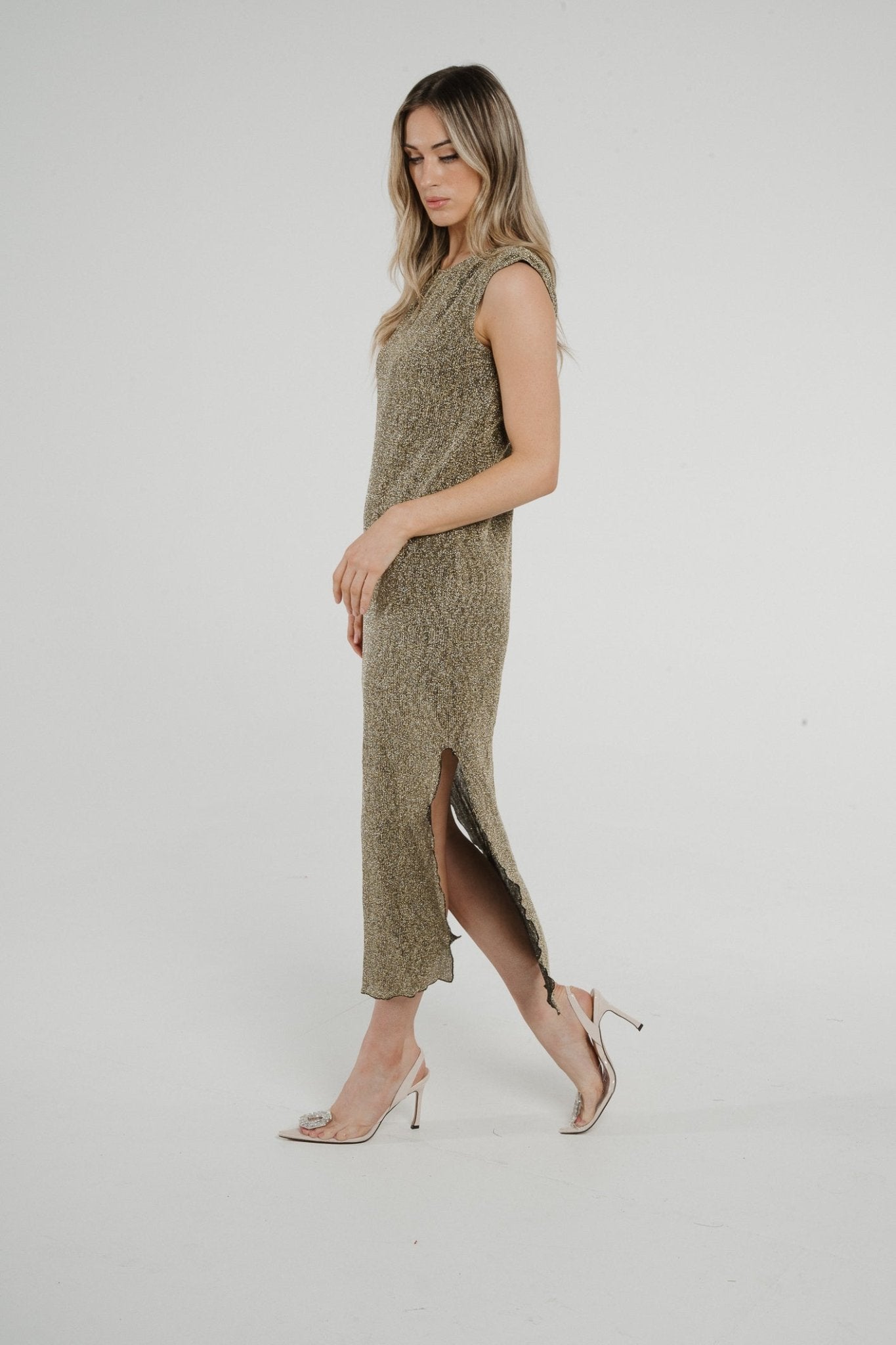 Frankie Sleeveless Dress In Gold Sparkle - The Walk in Wardrobe