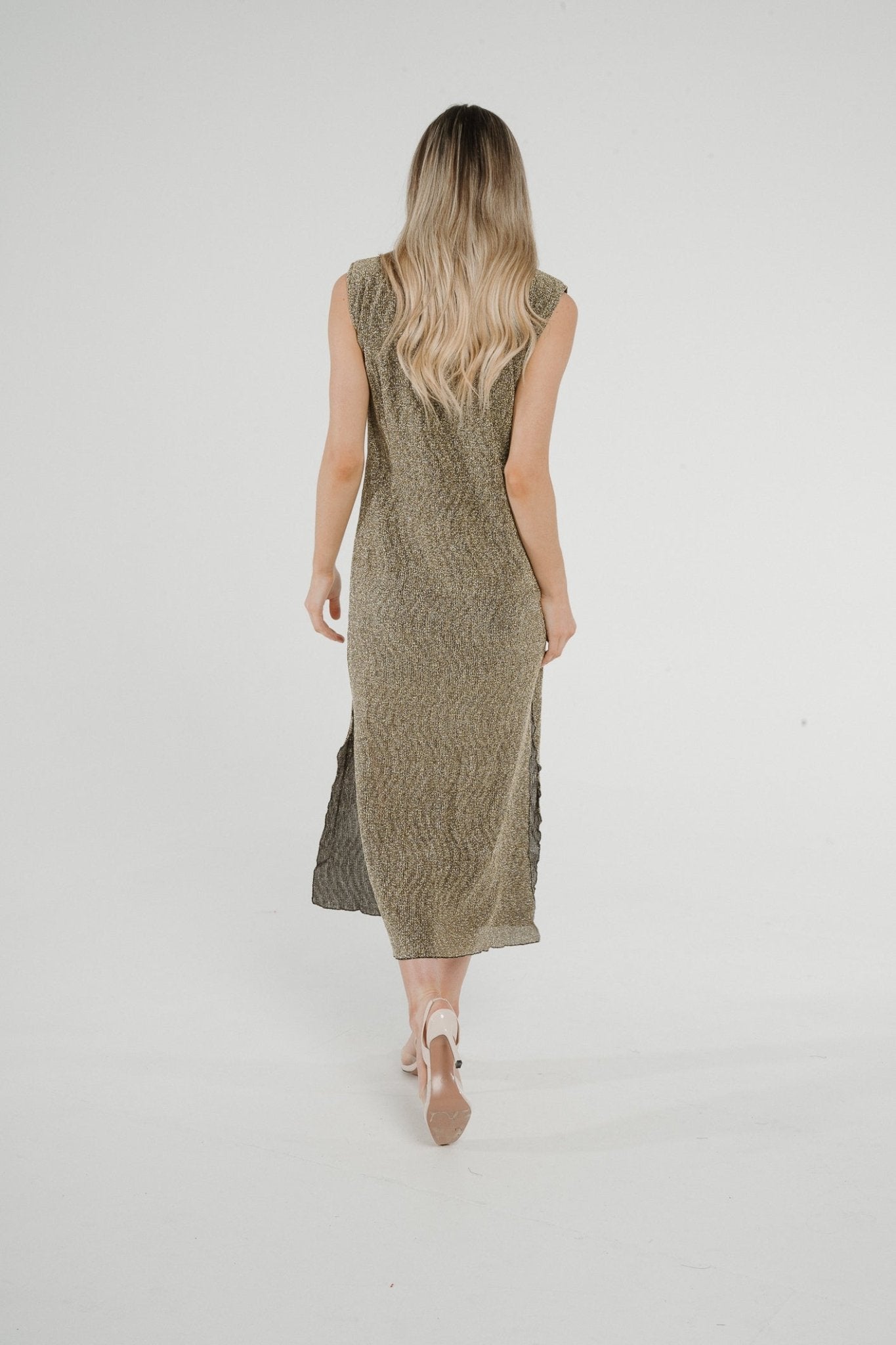 Frankie Sleeveless Dress In Gold Sparkle - The Walk in Wardrobe