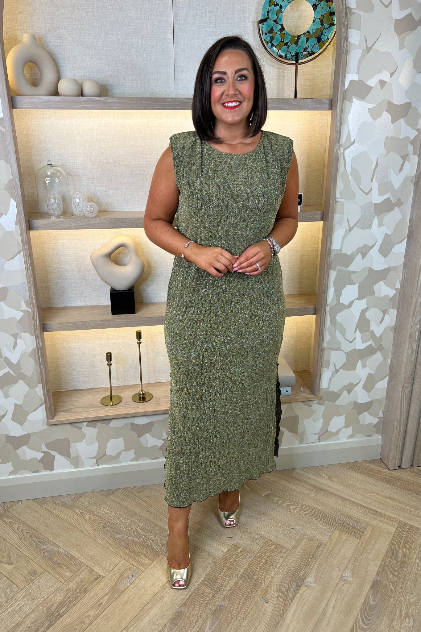 Frankie Sleeveless Dress In Gold Sparkle - The Walk in Wardrobe