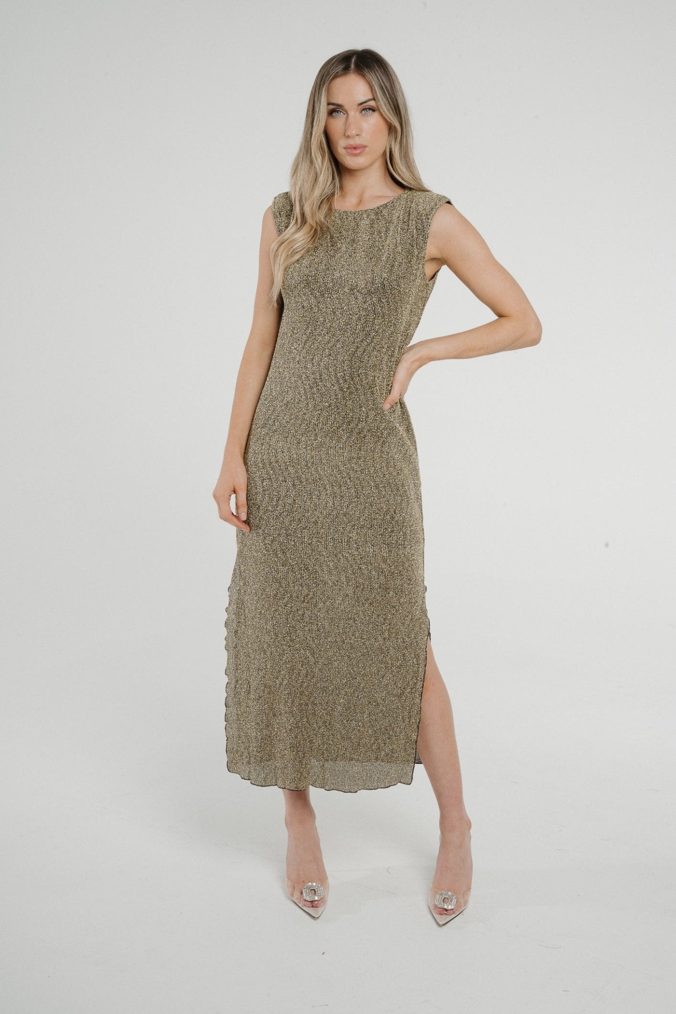Frankie Sleeveless Dress In Gold Sparkle - The Walk in Wardrobe