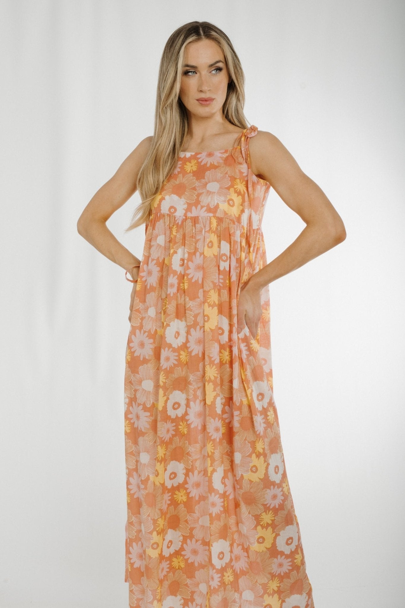 Frankie Tie Shoulder Maxi Dress In Peach - The Walk in Wardrobe
