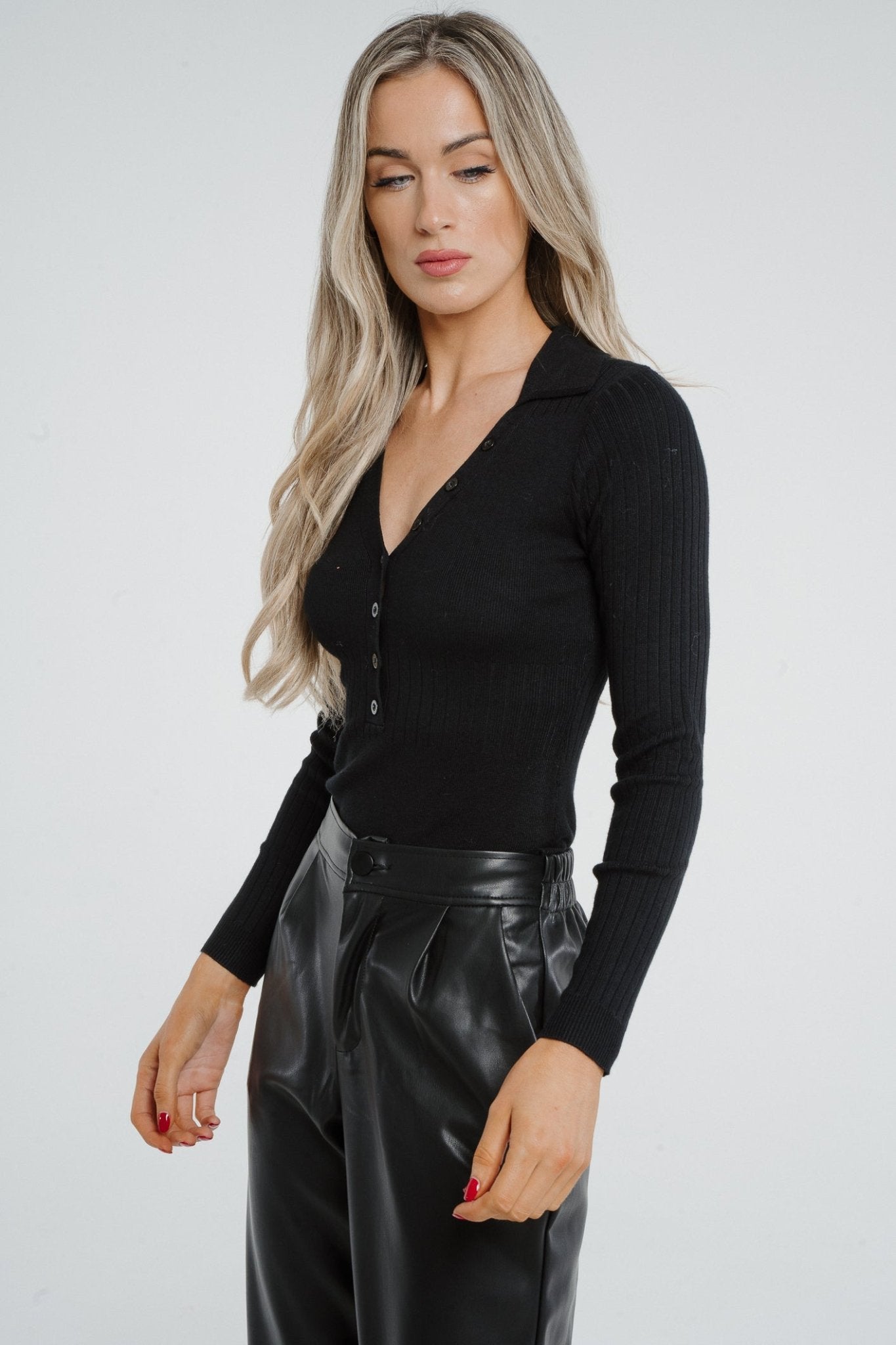 Holly Button Detail Bodysuit In Black - The Walk in Wardrobe