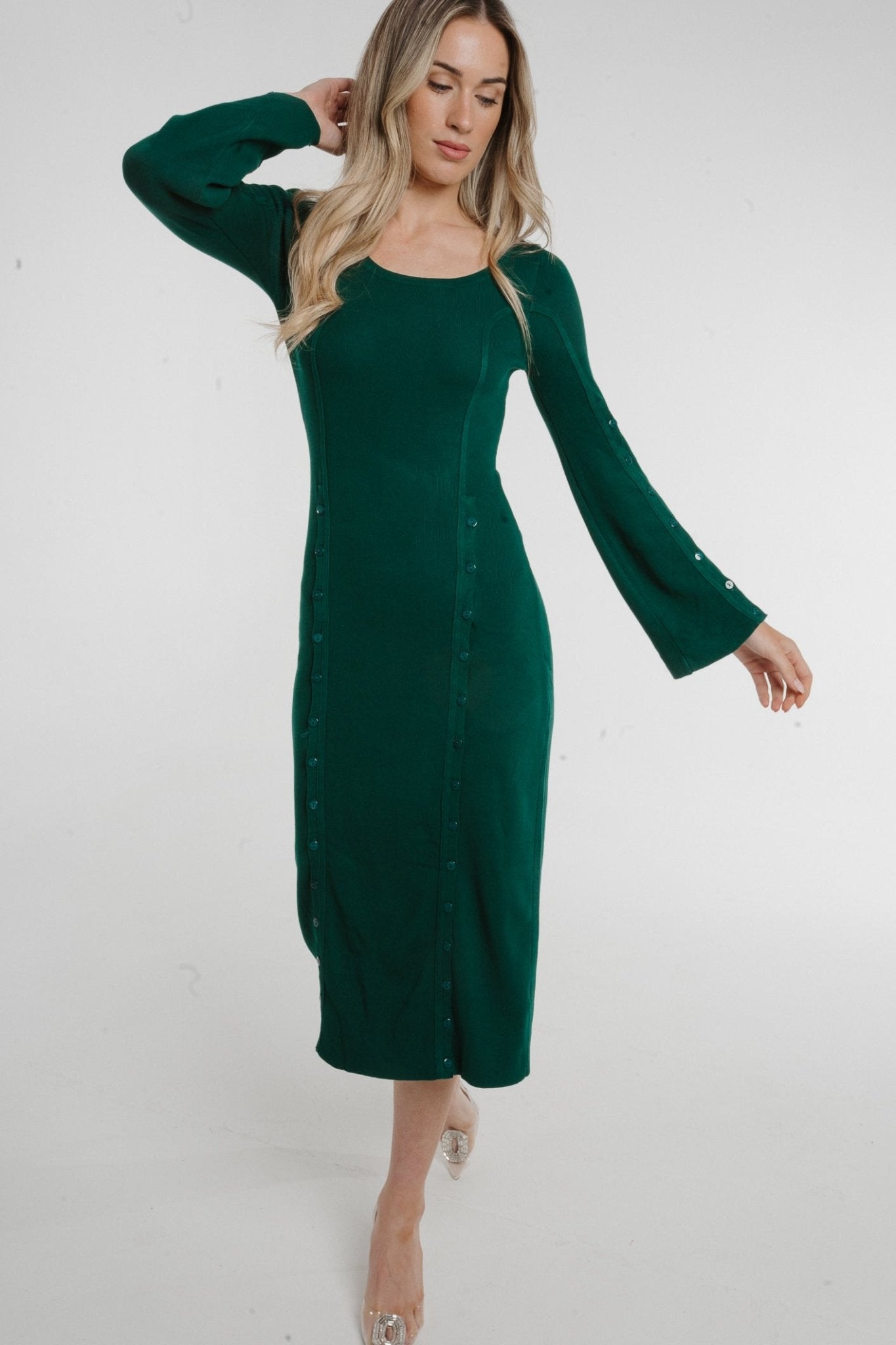Holly Button Detail Knit Midi Dress In Green - The Walk in Wardrobe