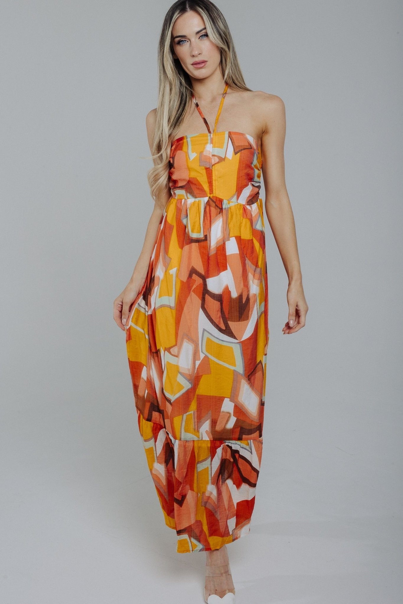 Holly Halter Neck Midi Dress In Orange Mix - The Walk in Wardrobe