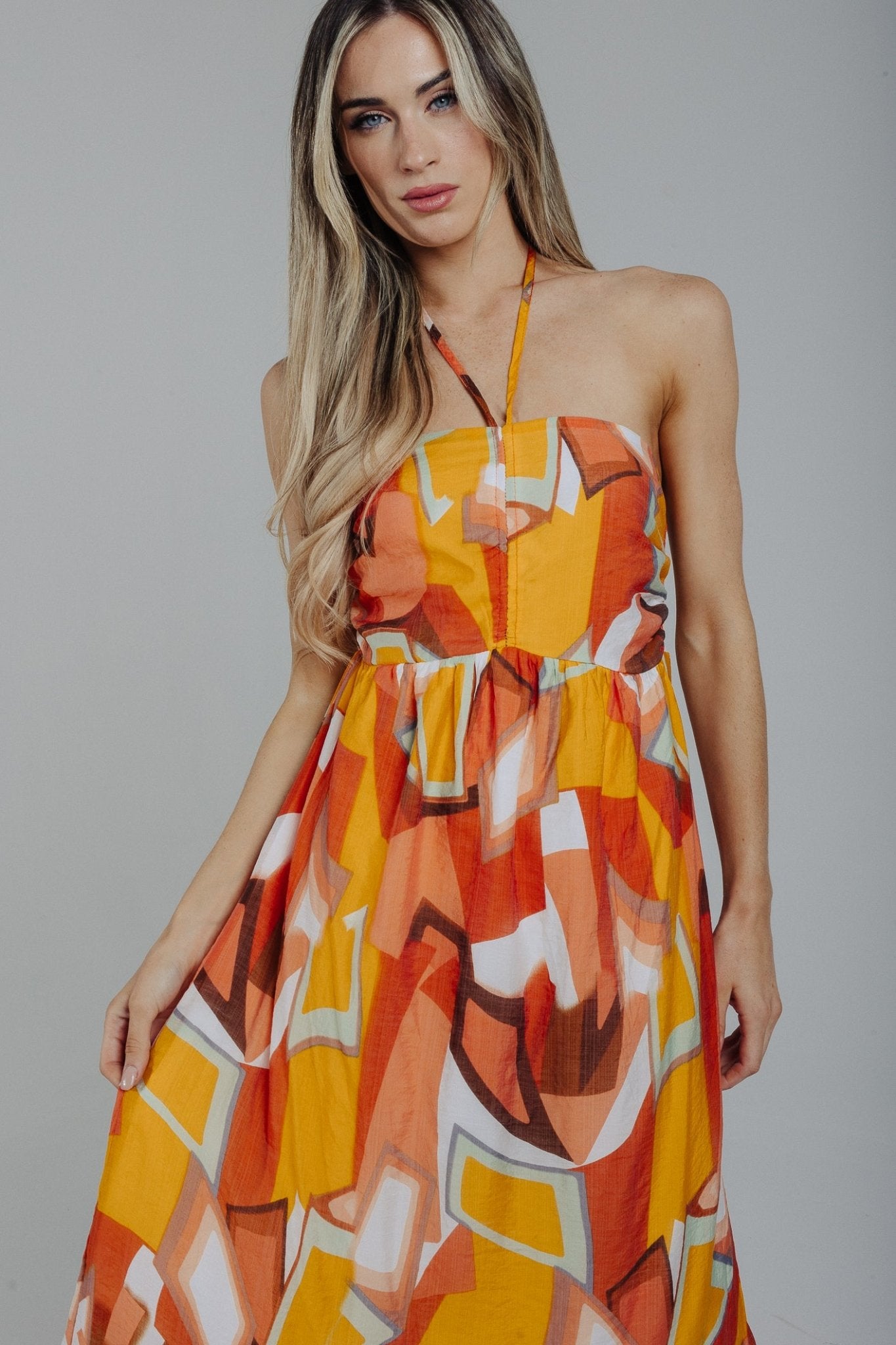 Holly Halter Neck Midi Dress In Orange Mix - The Walk in Wardrobe