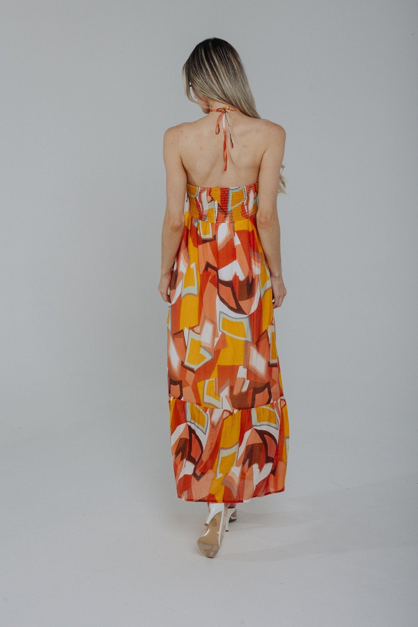 Holly Halter Neck Midi Dress In Orange Mix - The Walk in Wardrobe