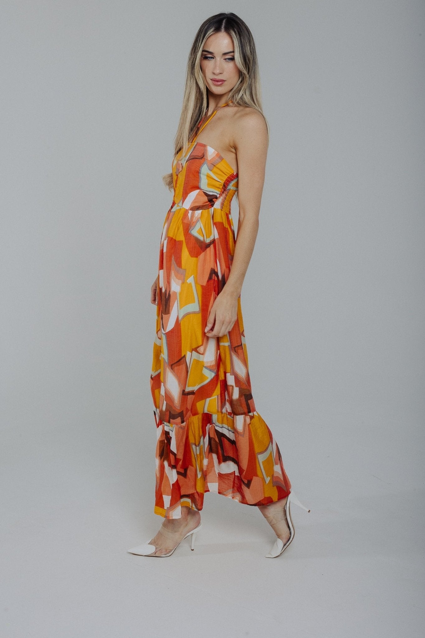 Holly Halter Neck Midi Dress In Orange Mix - The Walk in Wardrobe