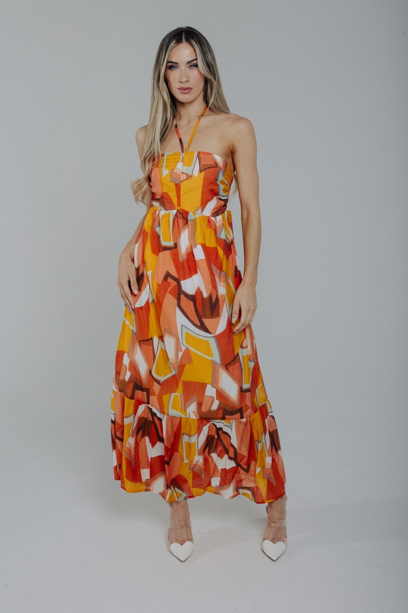 Holly Halter Neck Midi Dress In Orange Mix - The Walk in Wardrobe