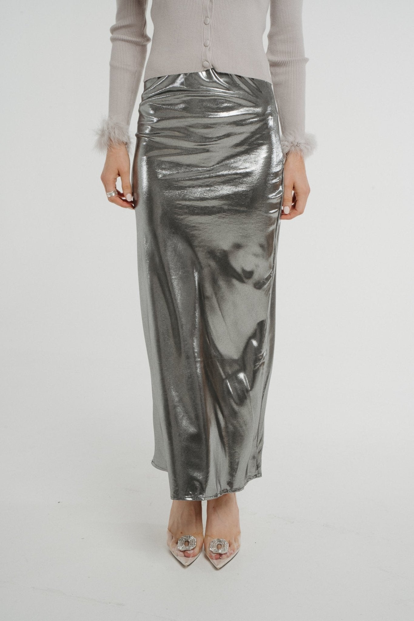 Holly Longline Satin Skirt In Silver - The Walk in Wardrobe