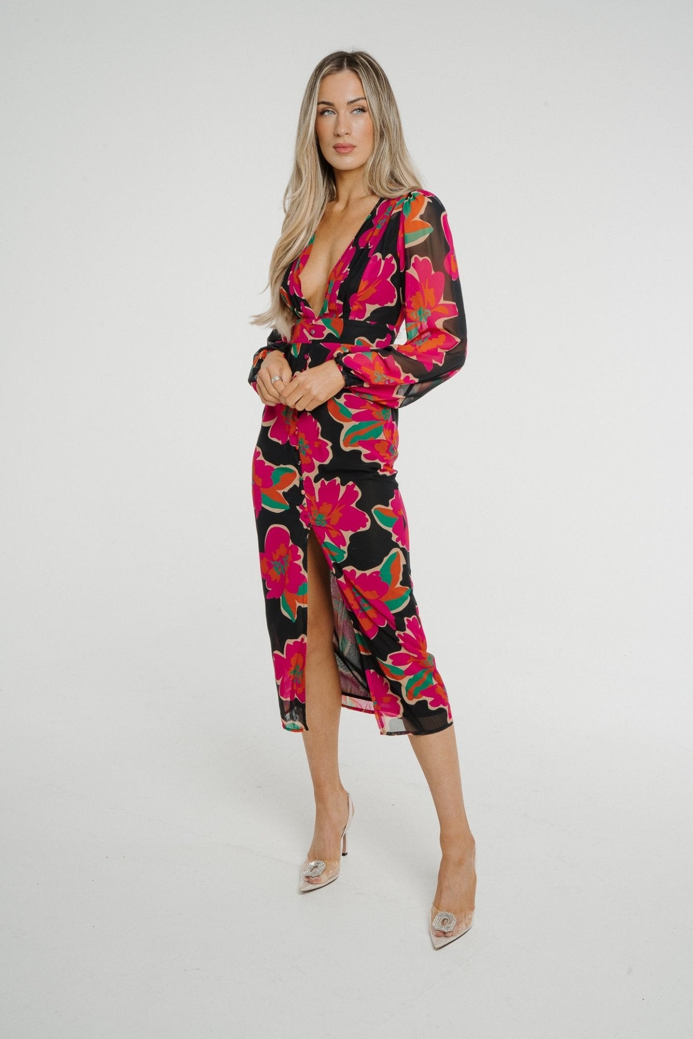 Holly V-Neck Floral Midi Dress In Black - The Walk in Wardrobe