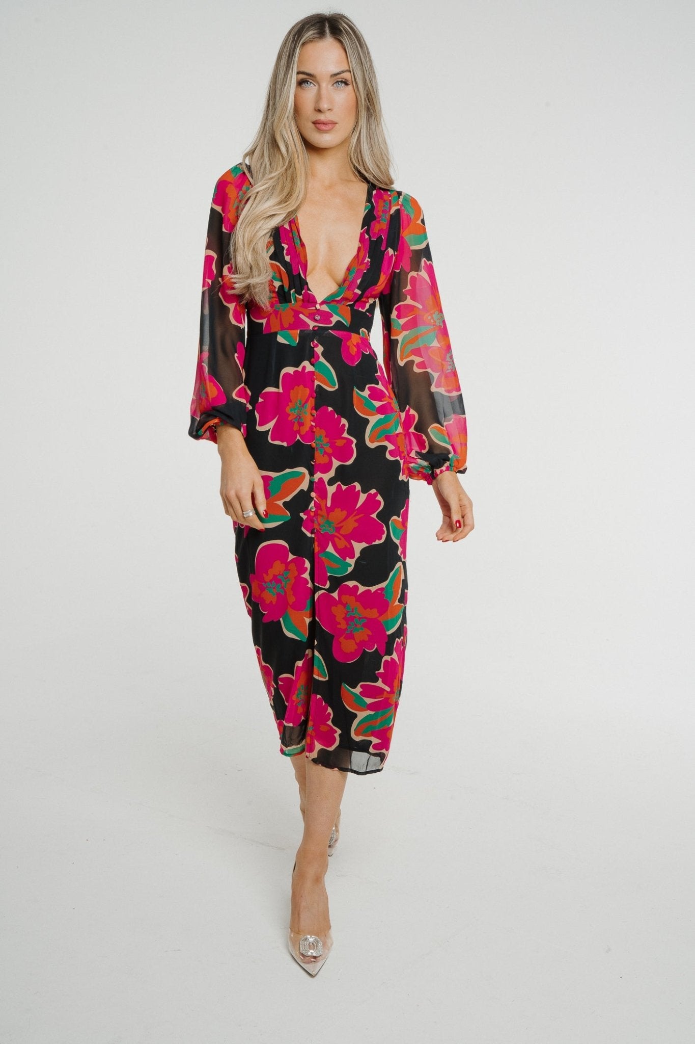 Holly V-Neck Floral Midi Dress In Black - The Walk in Wardrobe