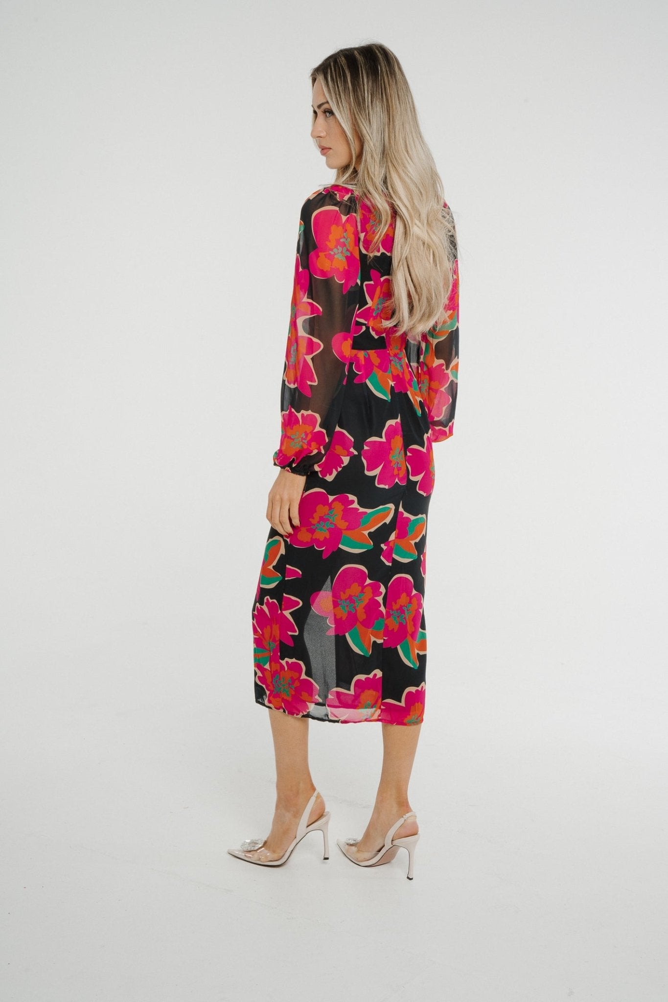 Holly V-Neck Floral Midi Dress In Black - The Walk in Wardrobe