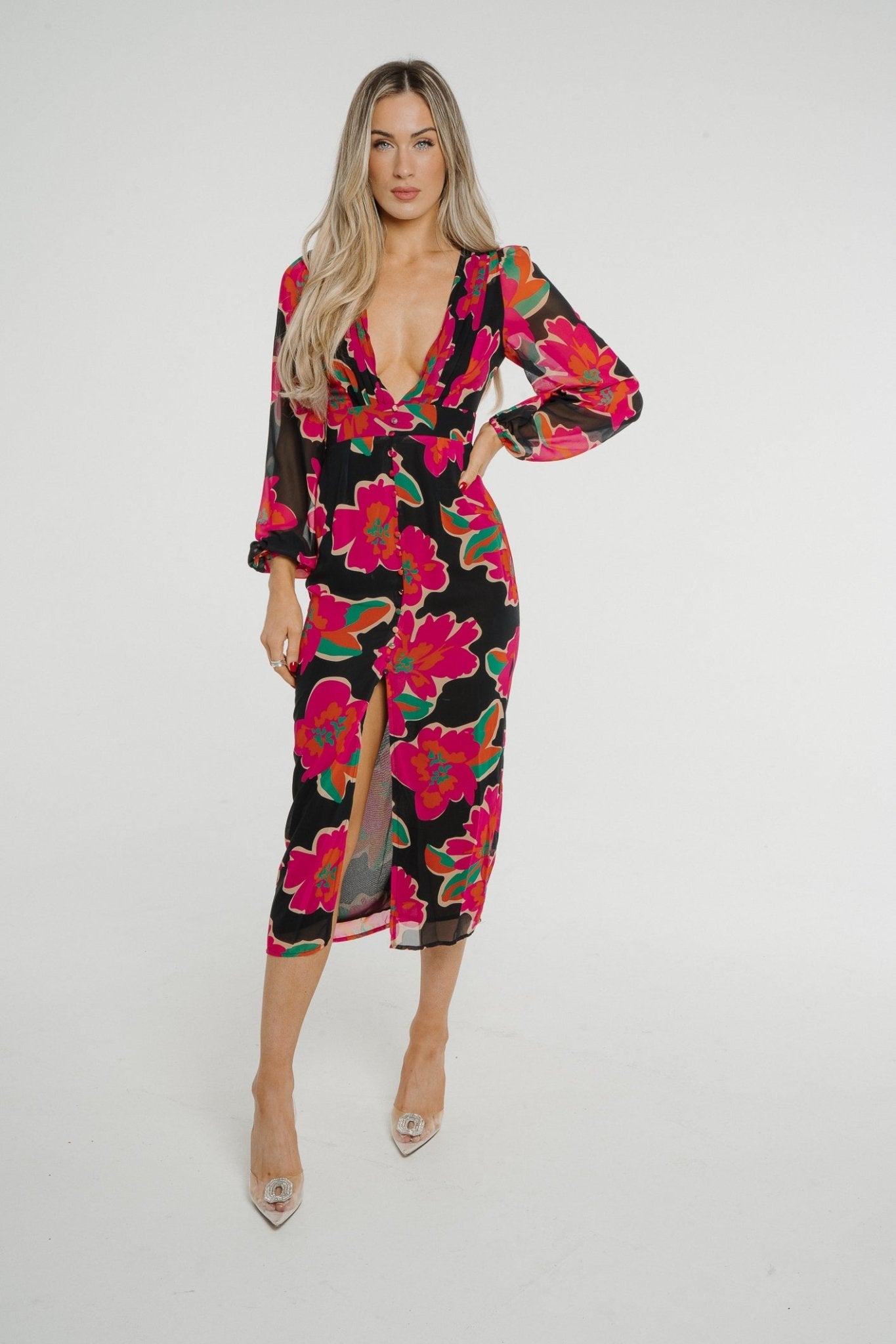 Holly V-Neck Floral Midi Dress In Black - The Walk in Wardrobe
