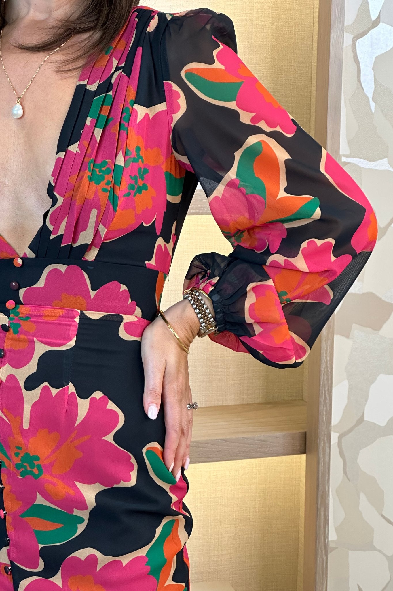 Holly V-Neck Floral Midi Dress In Black - The Walk in Wardrobe