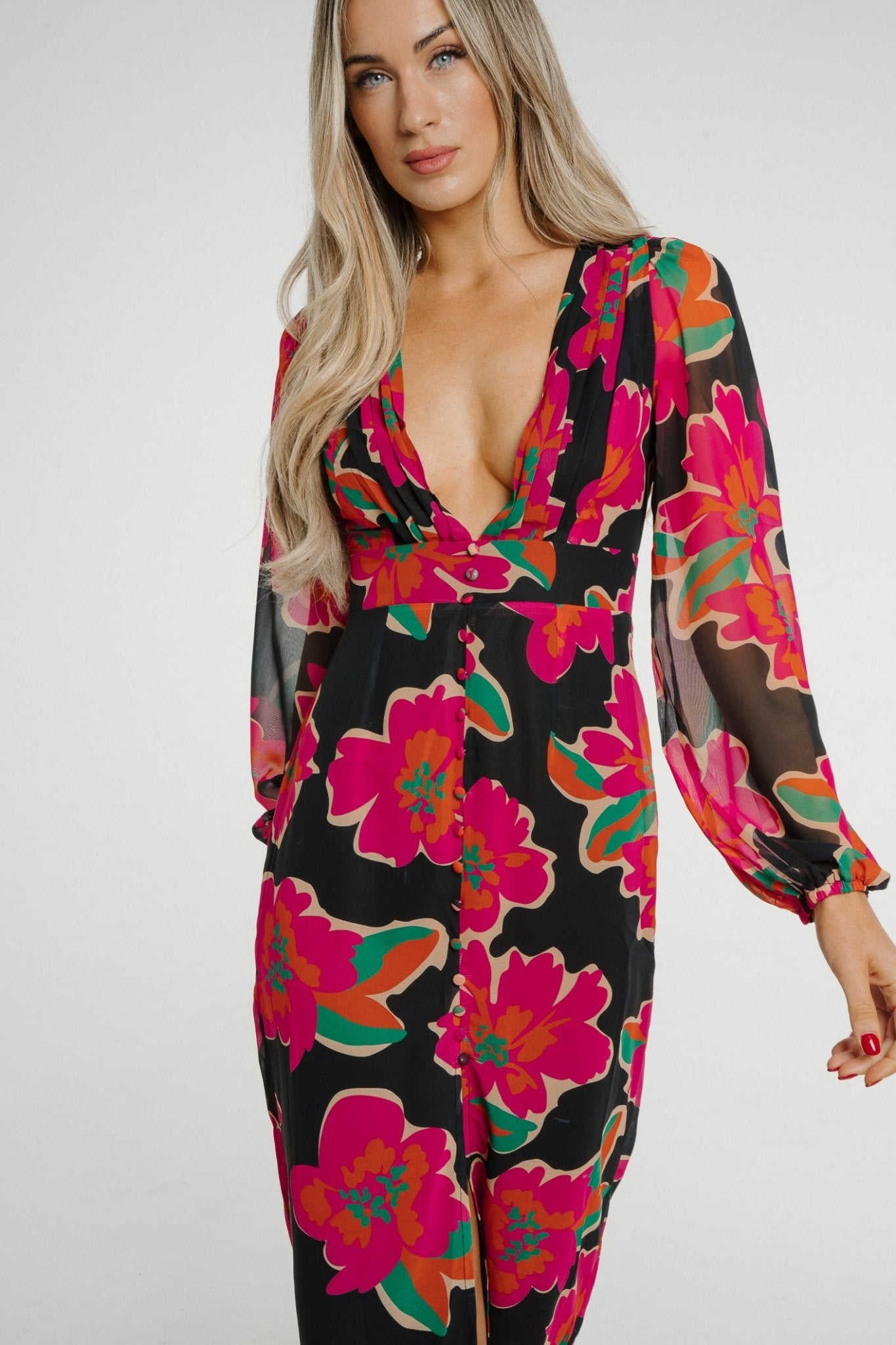 Holly V-Neck Floral Midi Dress In Black - The Walk in Wardrobe