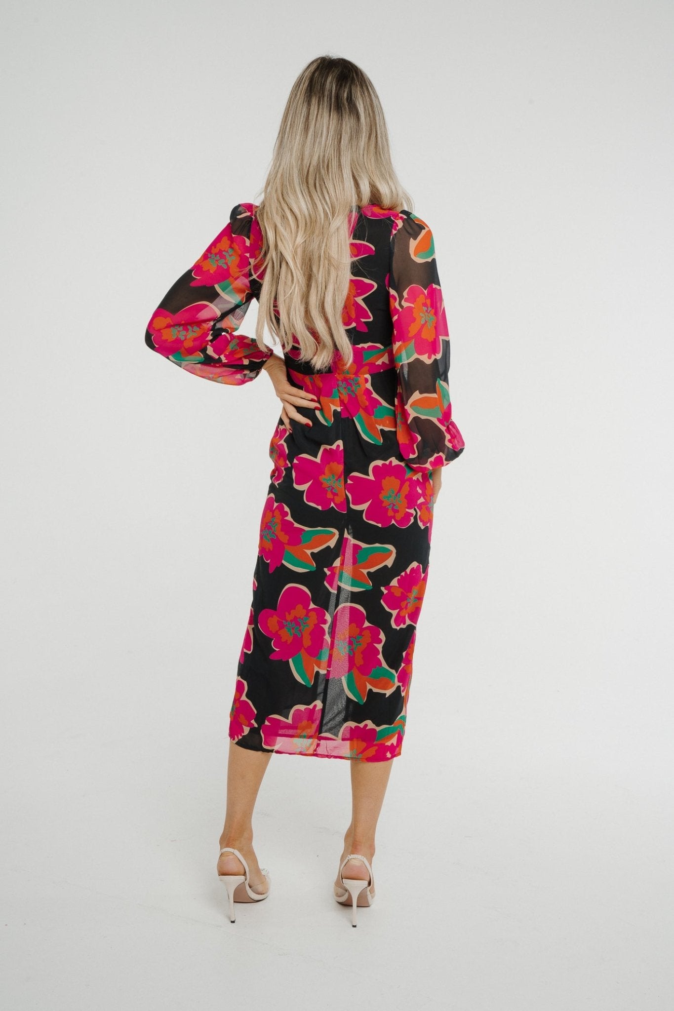 Holly V-Neck Floral Midi Dress In Black - The Walk in Wardrobe