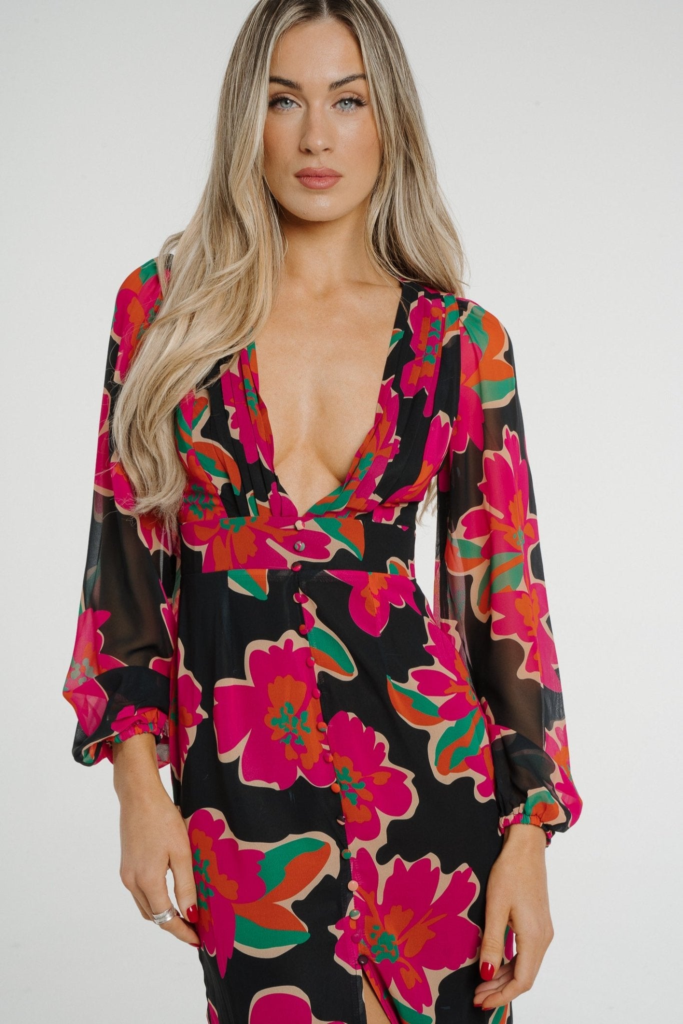 Holly V-Neck Floral Midi Dress In Black - The Walk in Wardrobe