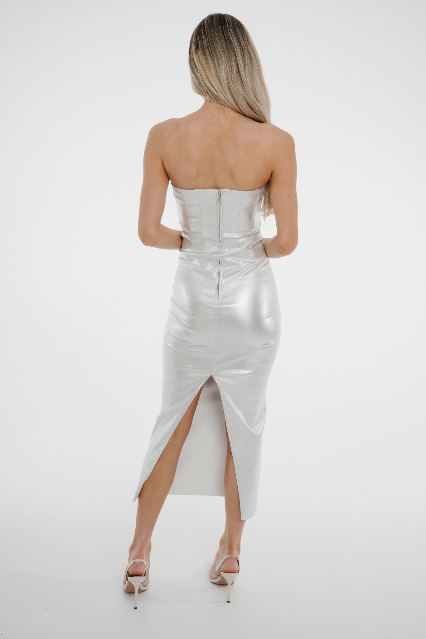 Iris Metallic Bandeau Dress In Silver - The Walk in Wardrobe