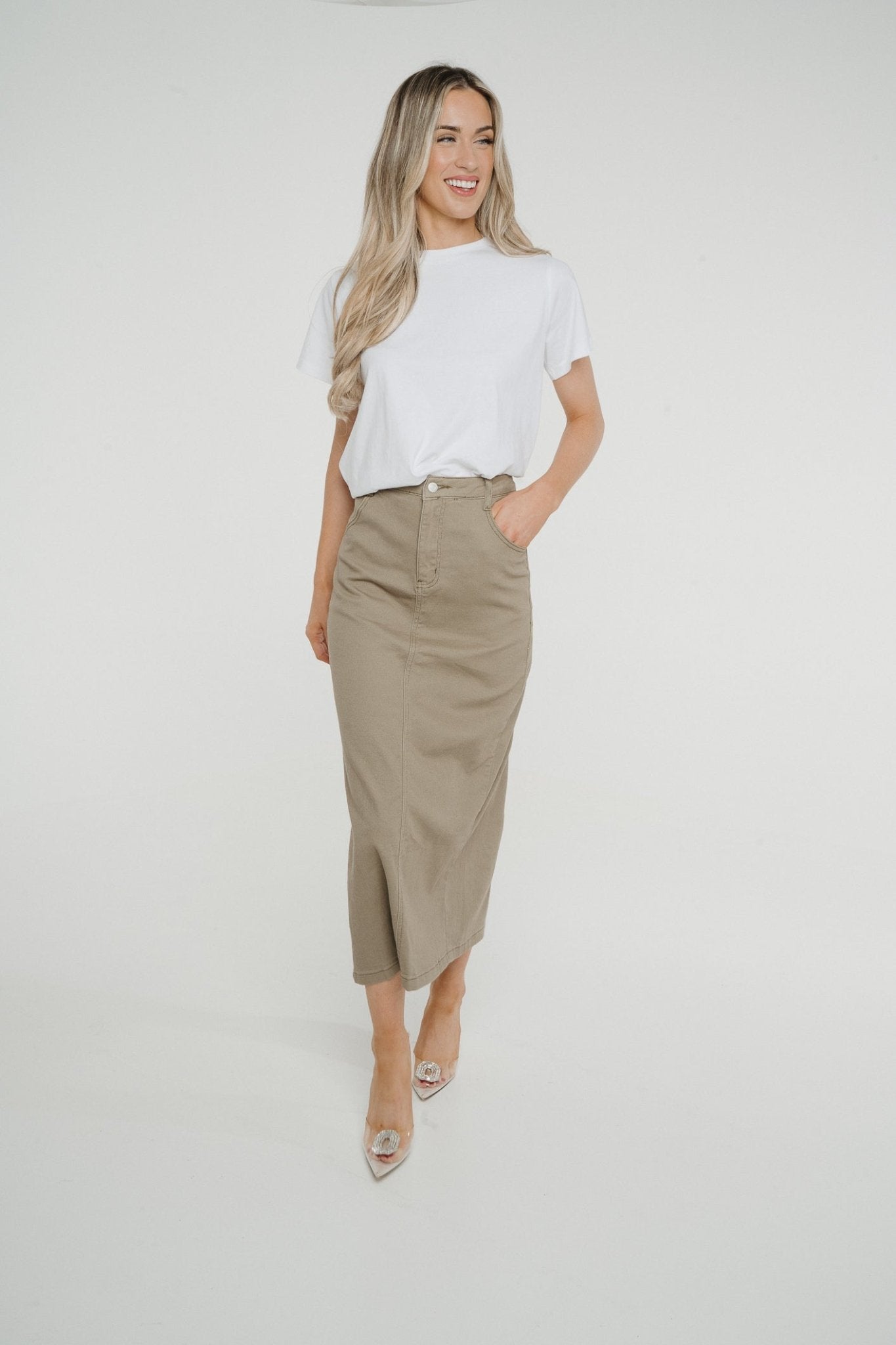 Ivy Midi Skirt In Khaki - The Walk in Wardrobe