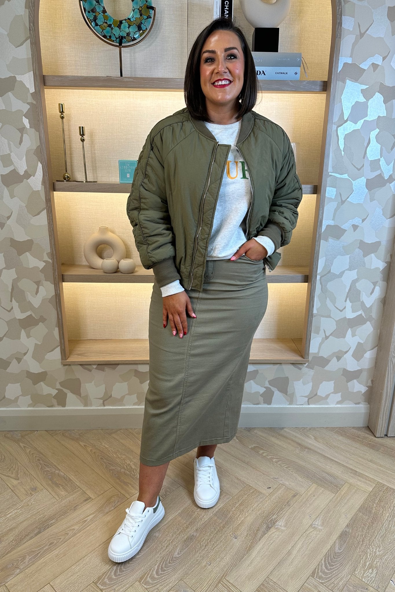 Ivy Midi Skirt In Khaki - The Walk in Wardrobe